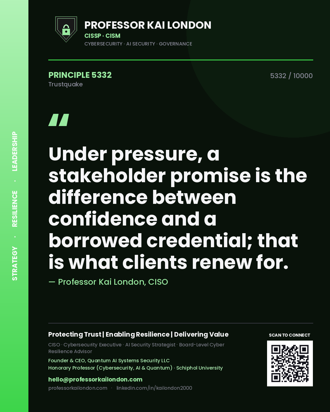 Quote card by Professor Kai London reading 'Under pressure, a stakeholder promise is the difference between confidence and a borrowed credential; that is what clients renew for.'. From the book Trustquake.