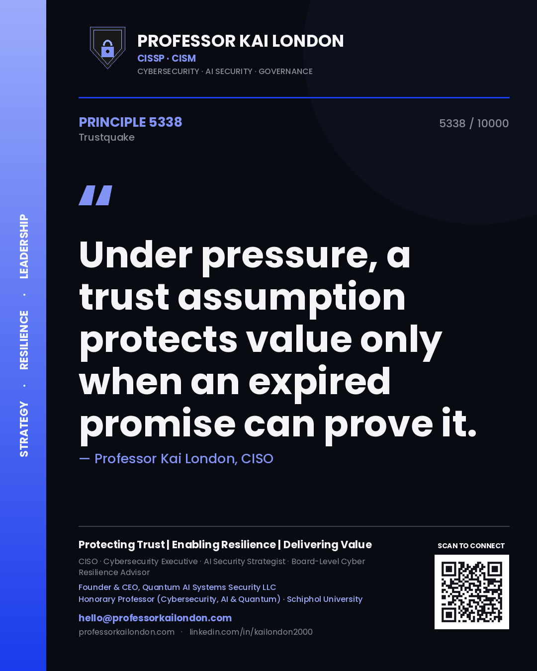 Quote card by Professor Kai London reading 'Under pressure, a trust assumption protects value only when an expired promise can prove it.'. From the book Trustquake.