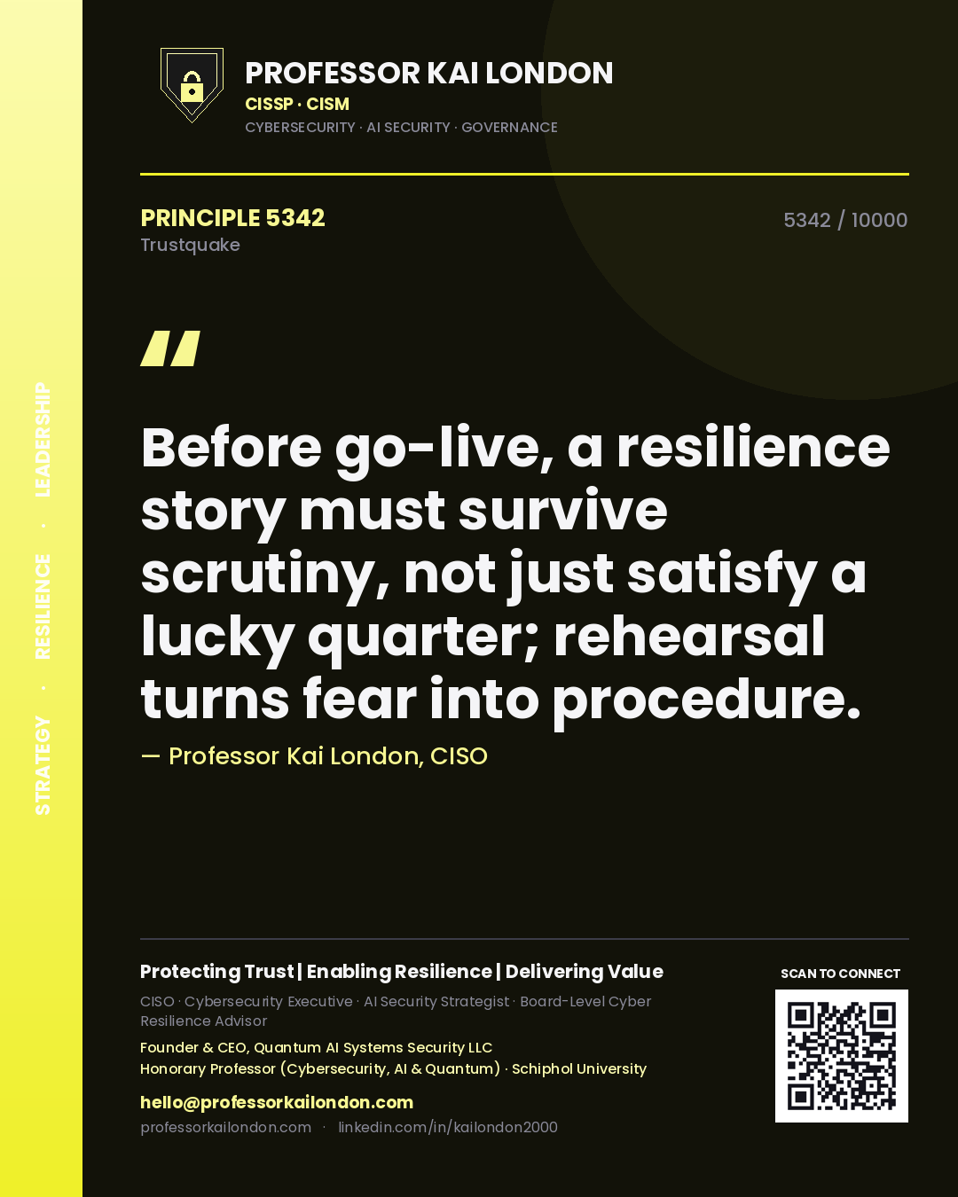 Quote card by Professor Kai London reading 'Before go-live, a resilience story must survive scrutiny, not just satisfy a lucky quarter; rehearsal turns fear into procedure.'. From the book Trustquake.