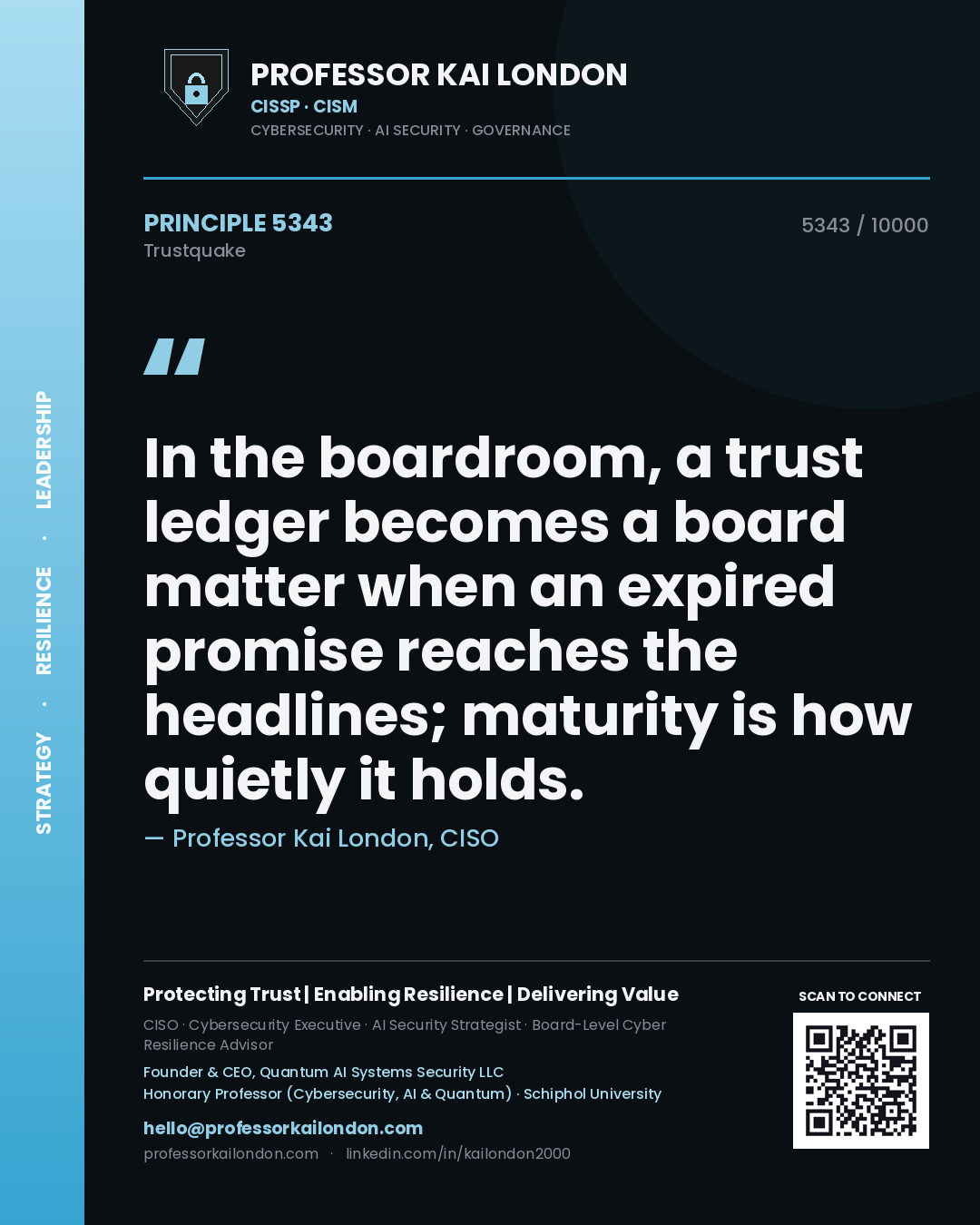 Quote card by Professor Kai London reading 'In the boardroom, a trust ledger becomes a board matter when an expired promise reaches the headlines; maturity is how quietly it holds.'. From the book Trustquake.