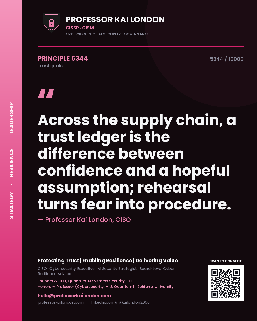 Professor Kai London principle 5344: Across the supply chain, a trust ledger is the difference between confidence and a hopeful assumption; rehearsal turns fear into procedure.