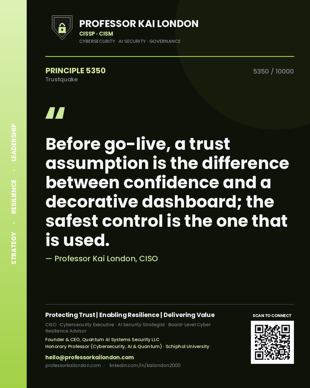 Quote card by Professor Kai London reading 'Before go-live, a trust assumption is the difference between confidence and a decorative dashboard; the safest control is the one that is used.'. From the book Trustquake.