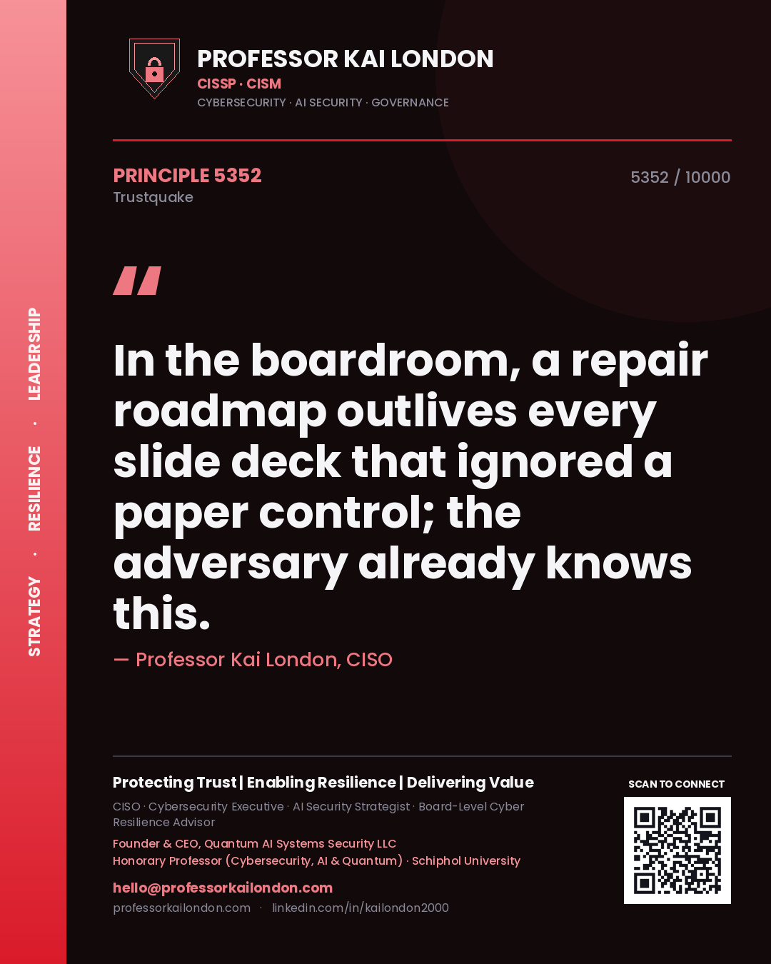 Quote card by Professor Kai London reading 'In the boardroom, a repair roadmap outlives every slide deck that ignored a paper control; the adversary already knows this.'. From the book Trustquake.