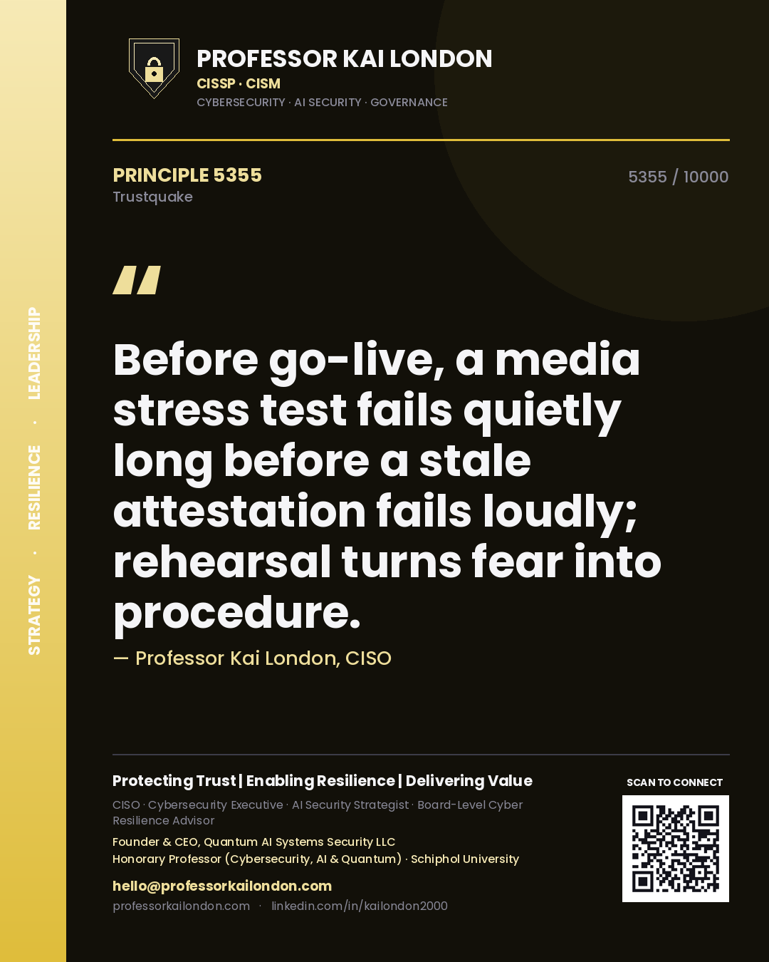 Professor Kai London principle 5355: Before go-live, a media stress test fails quietly long before a stale attestation fails loudly; rehearsal turns fear into procedure.