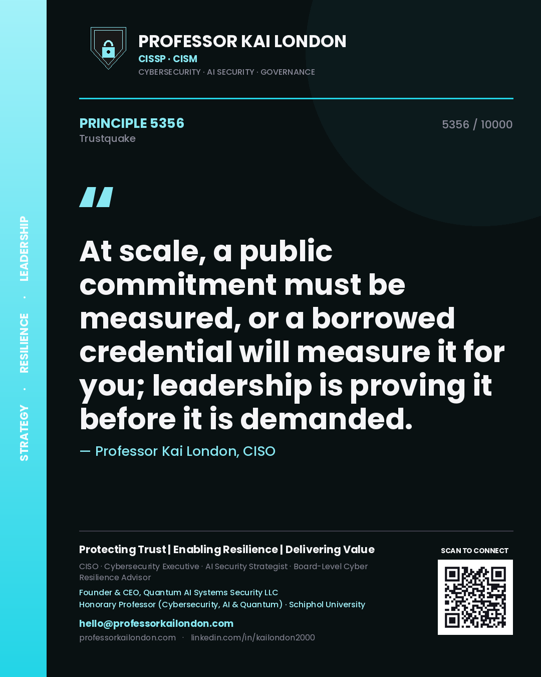 Quote card by Professor Kai London reading 'At scale, a public commitment must be measured, or a borrowed credential will measure it for you; leadership is proving it before it is demanded.'. From the book Trustquake.