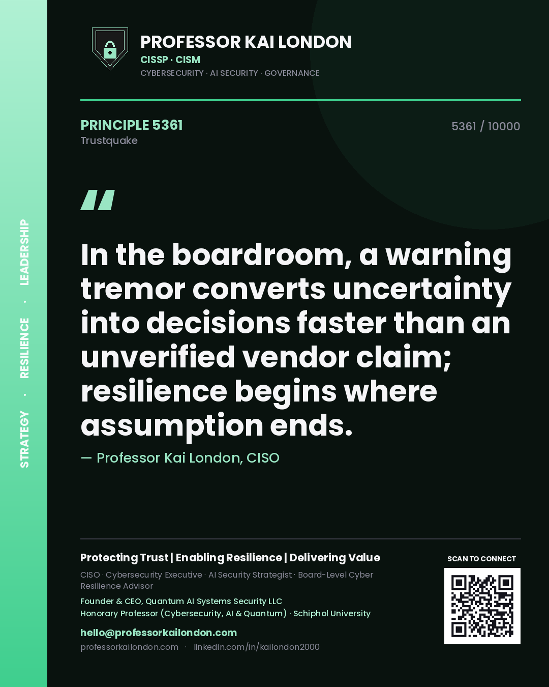 Quote card by Professor Kai London reading 'In the boardroom, a warning tremor converts uncertainty into decisions faster than an unverified vendor claim; resilience begins where assumption ends.'. From the book Trustquake.