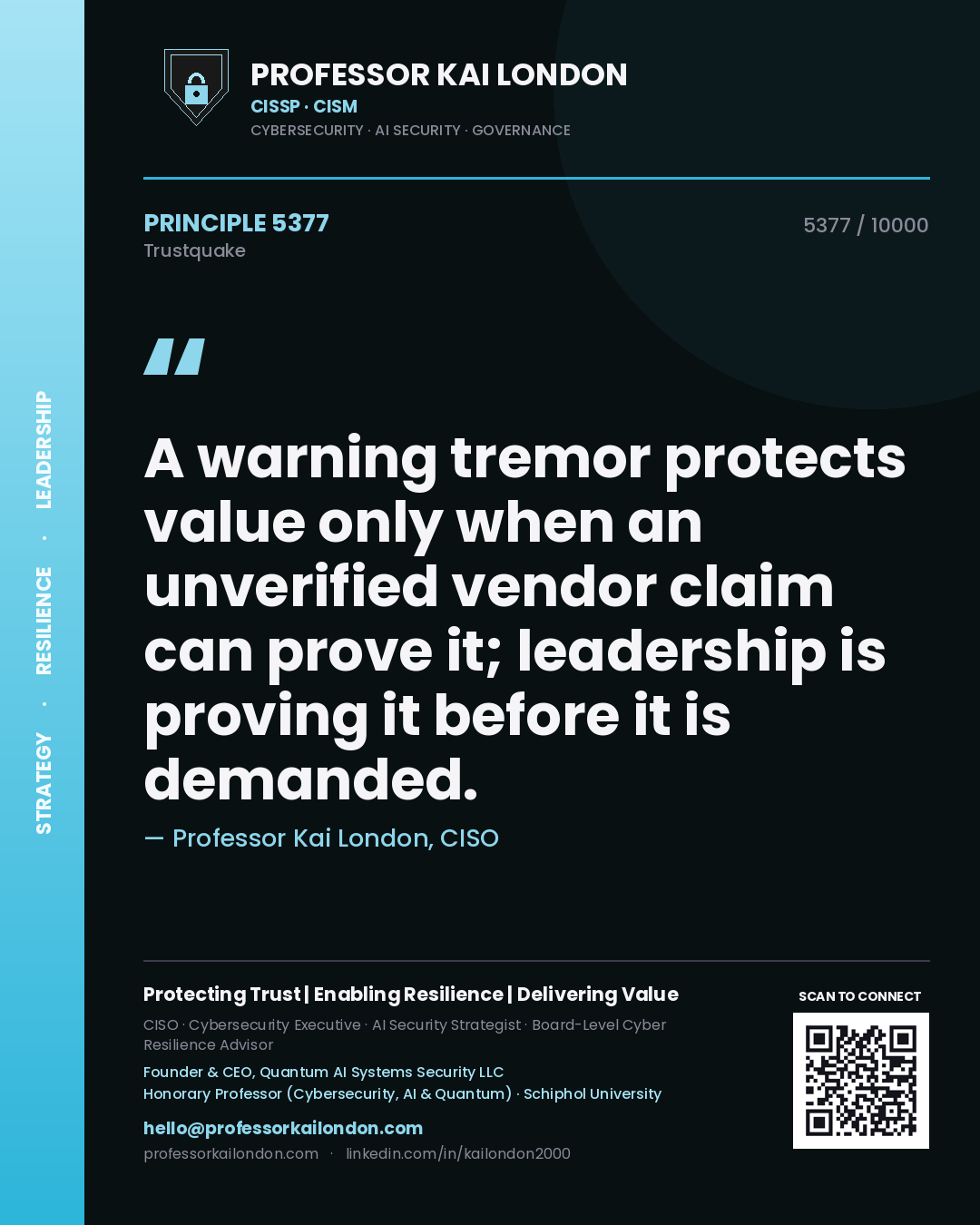 Professor Kai London principle 5377: A warning tremor protects value only when an unverified vendor claim can prove it; leadership is proving it before it is demanded.