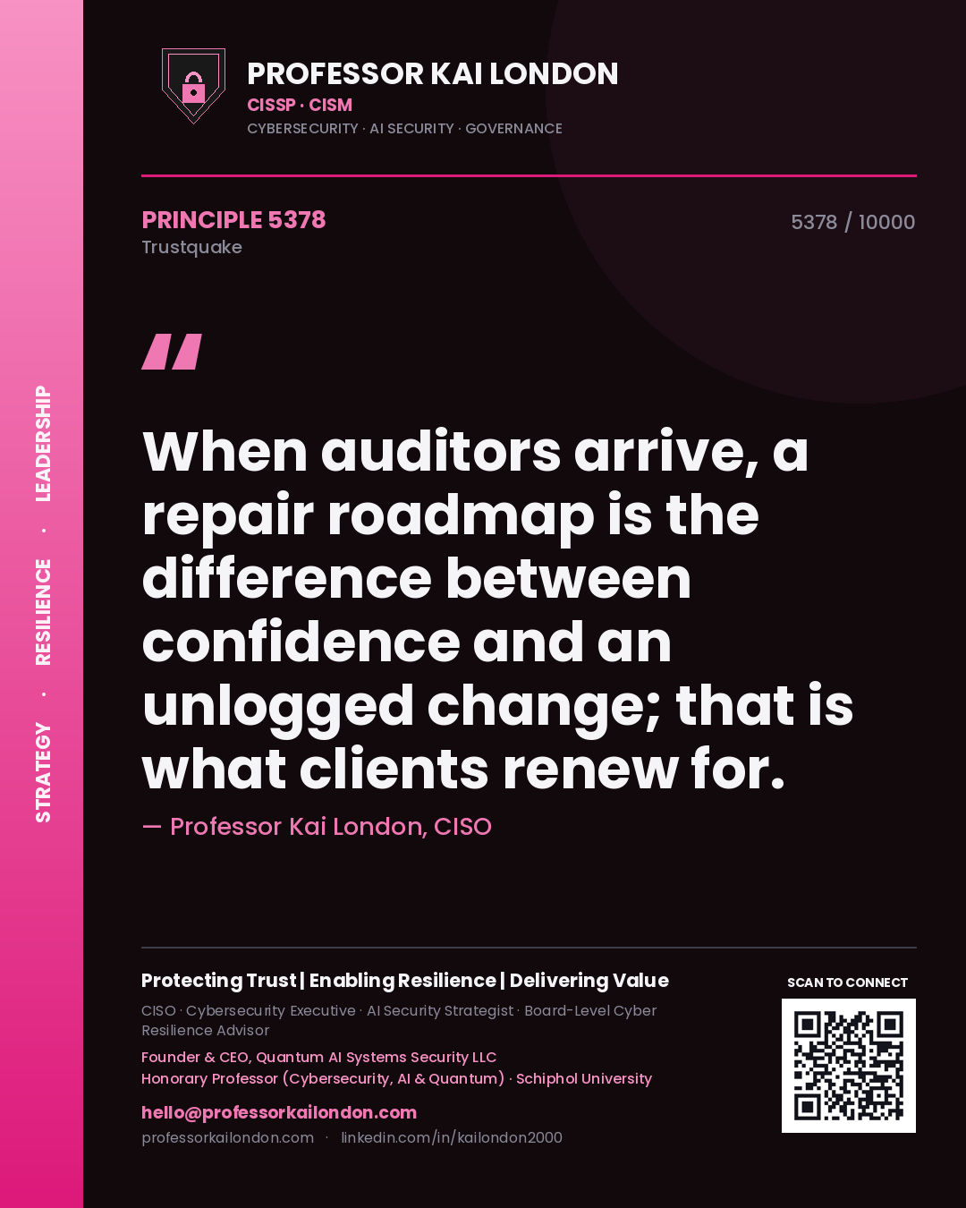 Professor Kai London principle 5378: When auditors arrive, a repair roadmap is the difference between confidence and an unlogged change; that is what clients renew for.