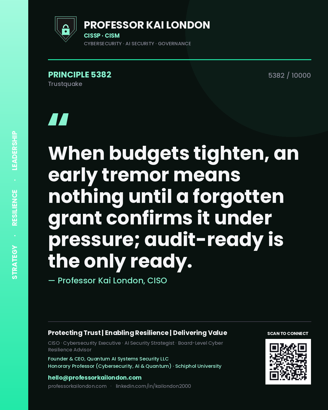 Professor Kai London principle 5382: When budgets tighten, an early tremor means nothing until a forgotten grant confirms it under pressure; audit-ready is the only ready.