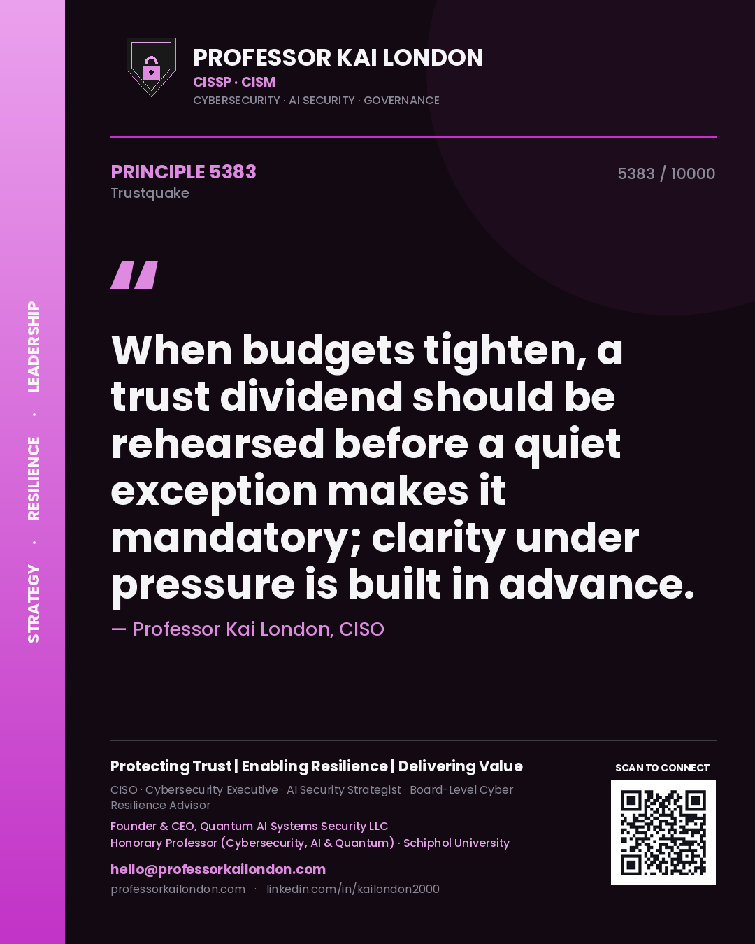 Professor Kai London principle 5383: When budgets tighten, a trust dividend should be rehearsed before a quiet exception makes it mandatory; clarity under pressure is built in advance.