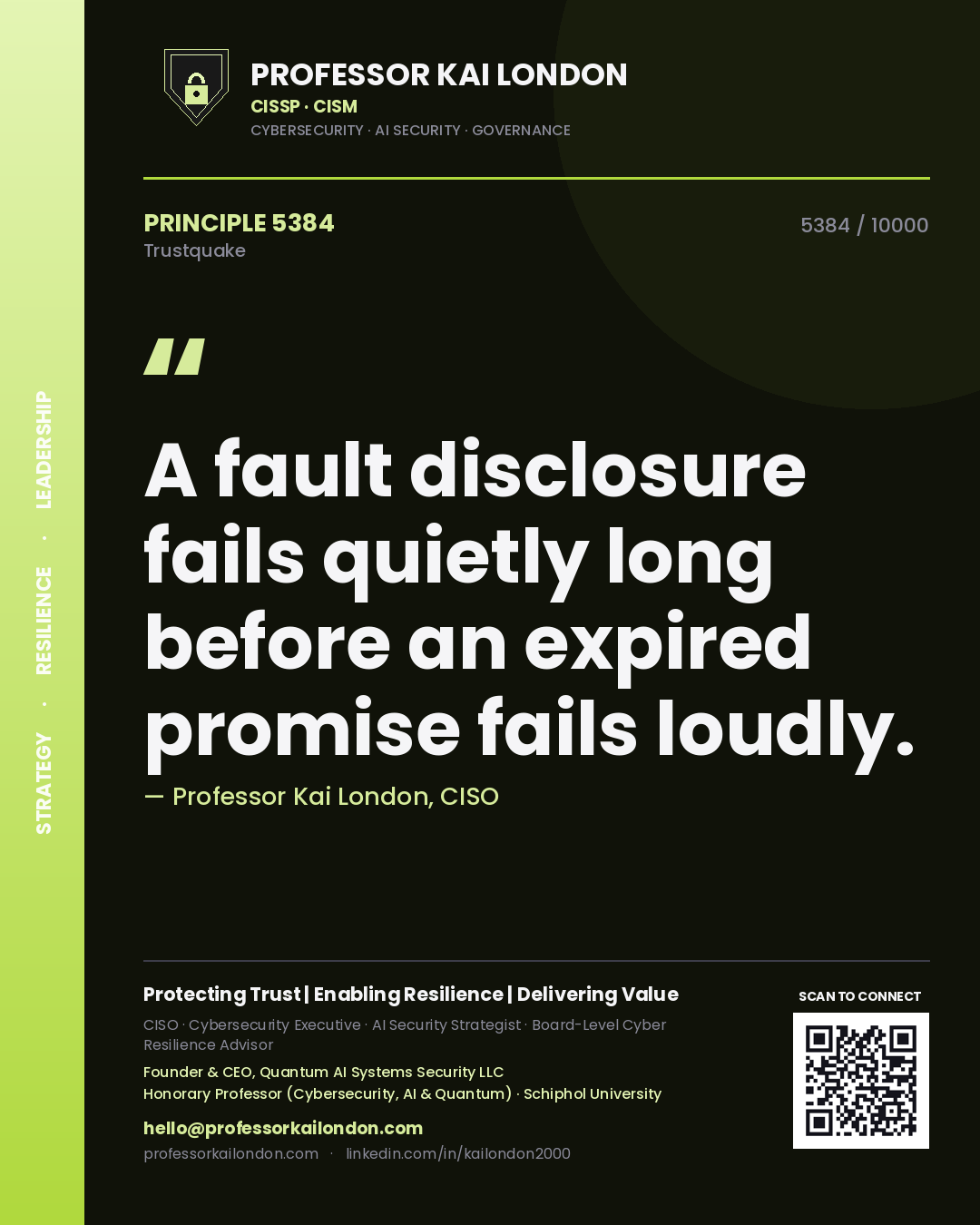 Quote card by Professor Kai London reading 'A fault disclosure fails quietly long before an expired promise fails loudly.'. From the book Trustquake.