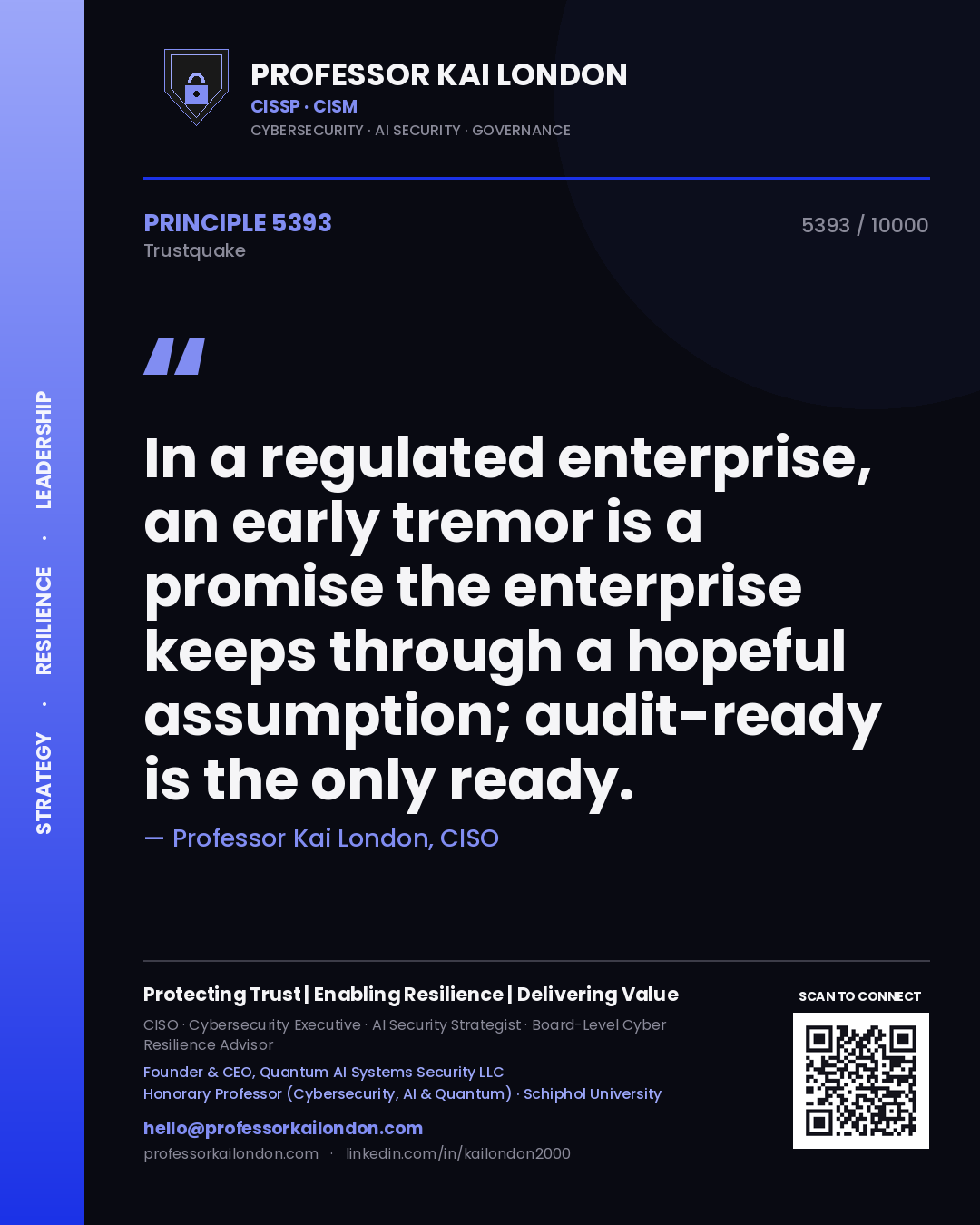 Quote card by Professor Kai London reading 'In a regulated enterprise, an early tremor is a promise the enterprise keeps through a hopeful assumption; audit-ready is the only ready.'. From the book Trustquake.