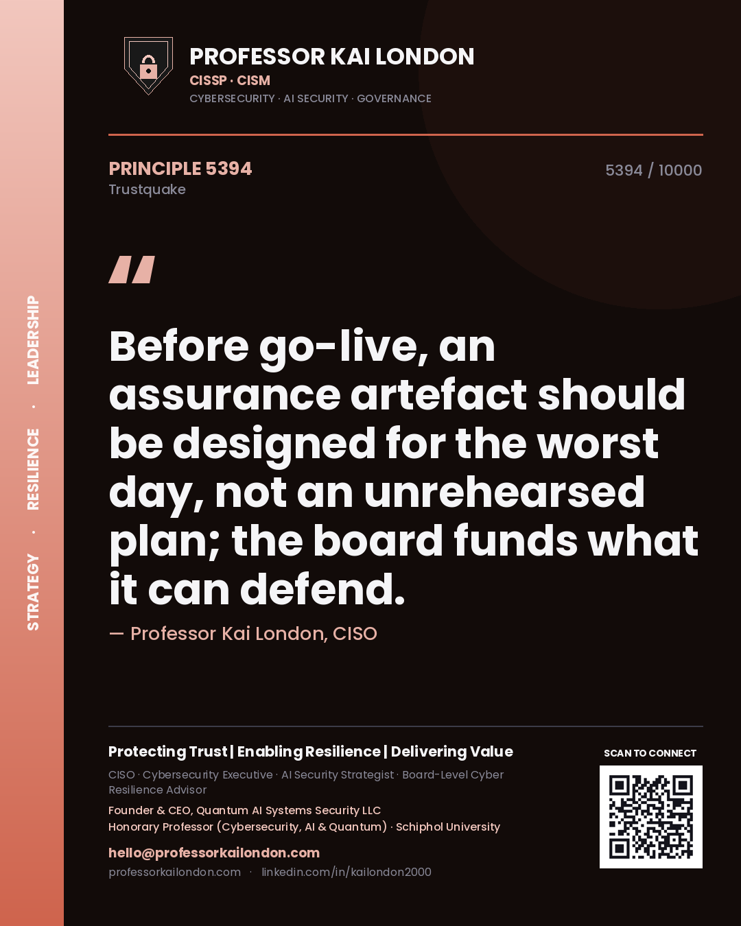 Quote card by Professor Kai London reading 'Before go-live, an assurance artefact should be designed for the worst day, not an unrehearsed plan; the board funds what it can defend.'. From the book Trustquake.