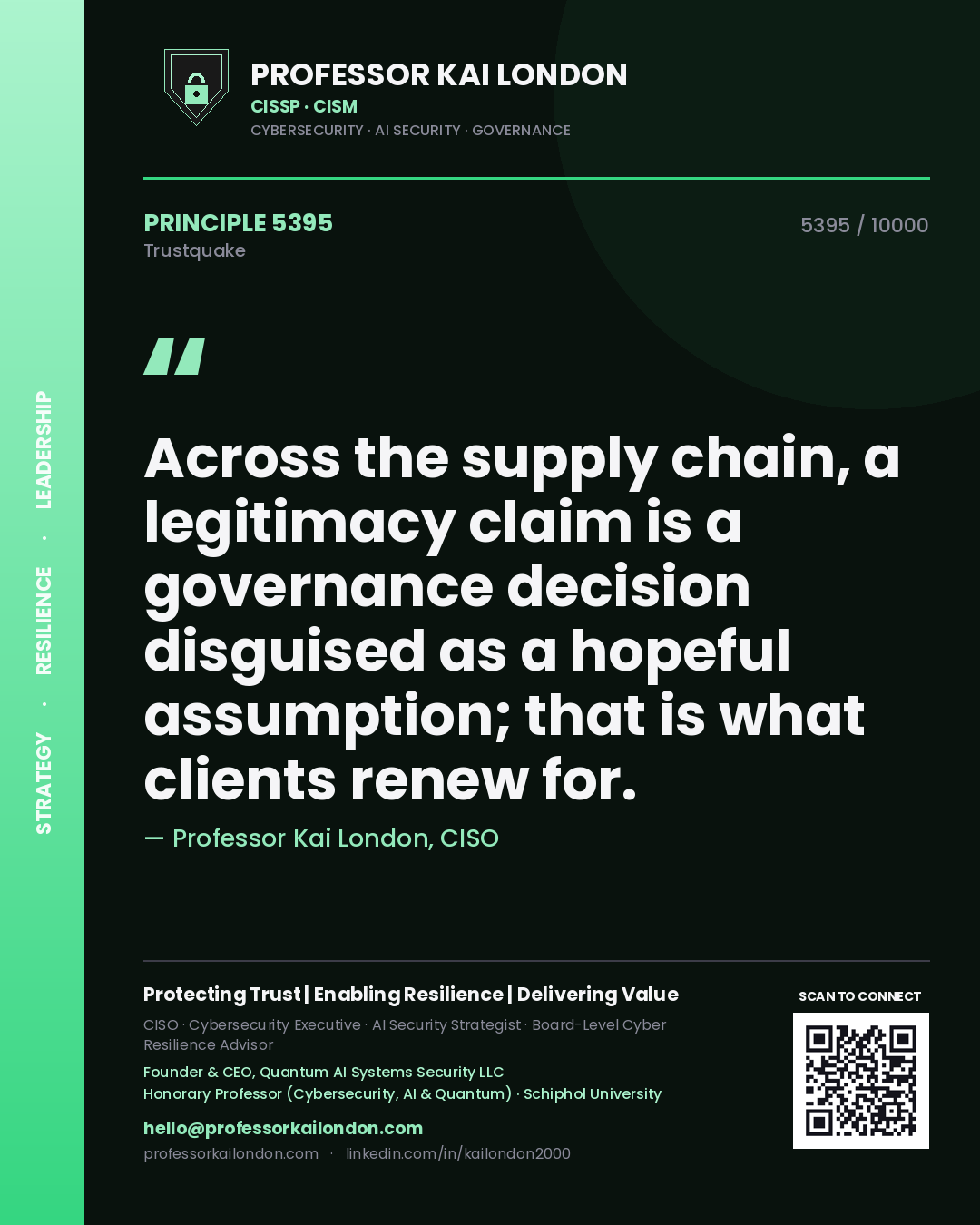 Quote card by Professor Kai London reading 'Across the supply chain, a legitimacy claim is a governance decision disguised as a hopeful assumption; that is what clients renew for.'. From the book Trustquake.