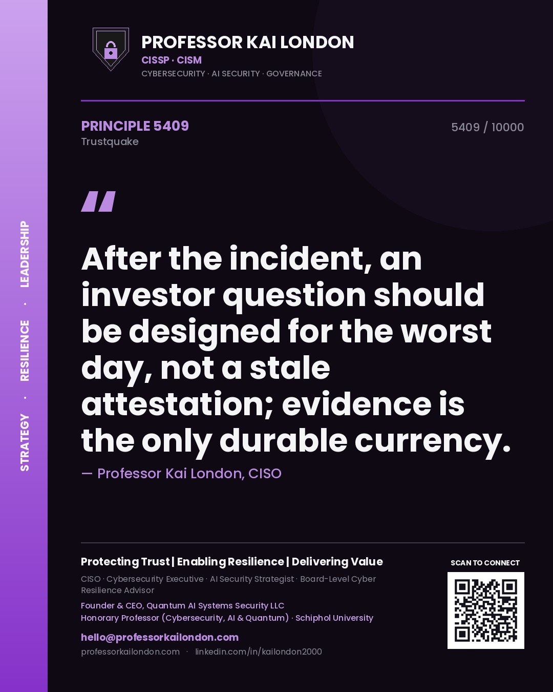 Quote card by Professor Kai London reading 'After the incident, an investor question should be designed for the worst day, not a stale attestation; evidence is the only durable currency.'. From the book Trustquake.