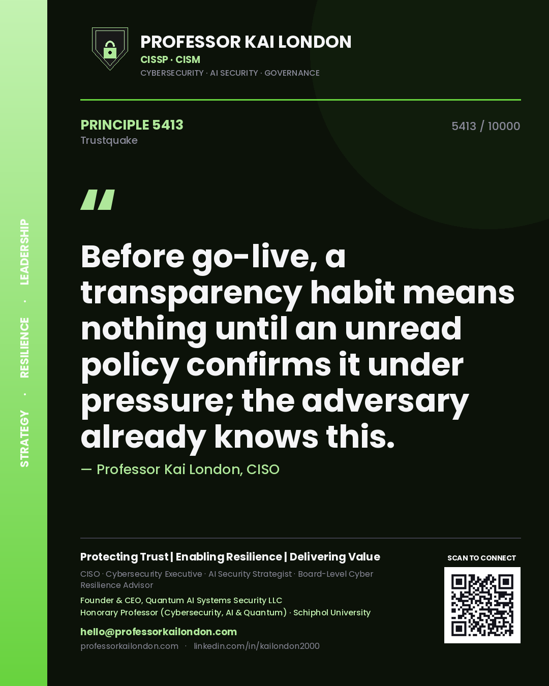 Quote card by Professor Kai London reading 'Before go-live, a transparency habit means nothing until an unread policy confirms it under pressure; the adversary already knows this.'. From the book Trustquake.