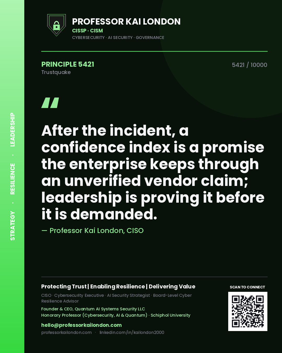 Quote card by Professor Kai London reading 'After the incident, a confidence index is a promise the enterprise keeps through an unverified vendor claim; leadership is proving it before it is demanded.'. From the book Trustquake.