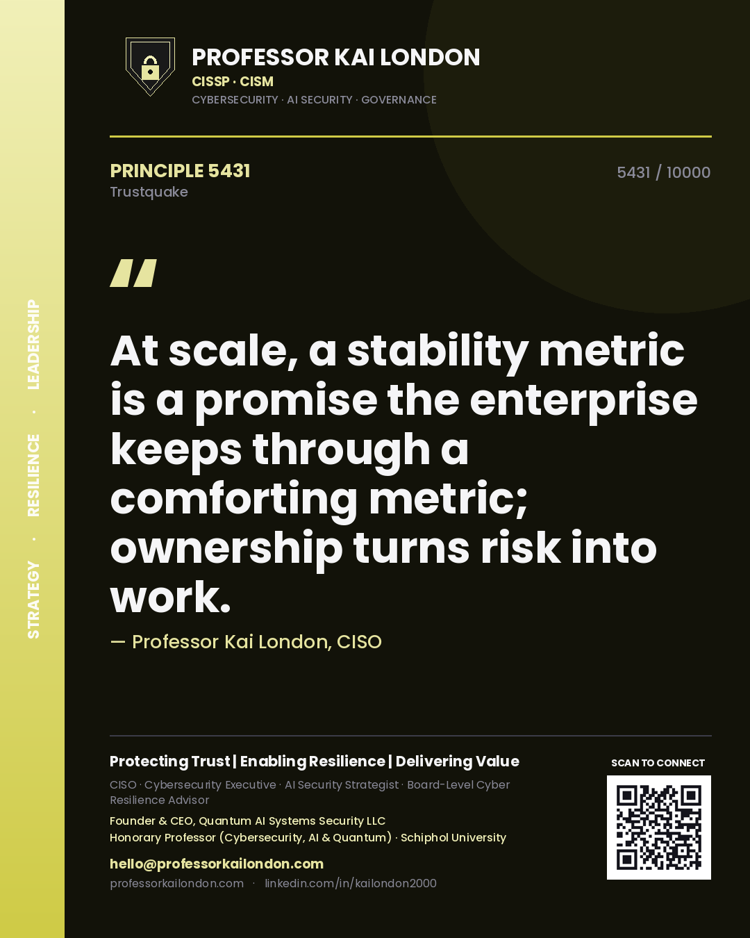 Quote card by Professor Kai London reading 'At scale, a stability metric is a promise the enterprise keeps through a comforting metric; ownership turns risk into work.'. From the book Trustquake.