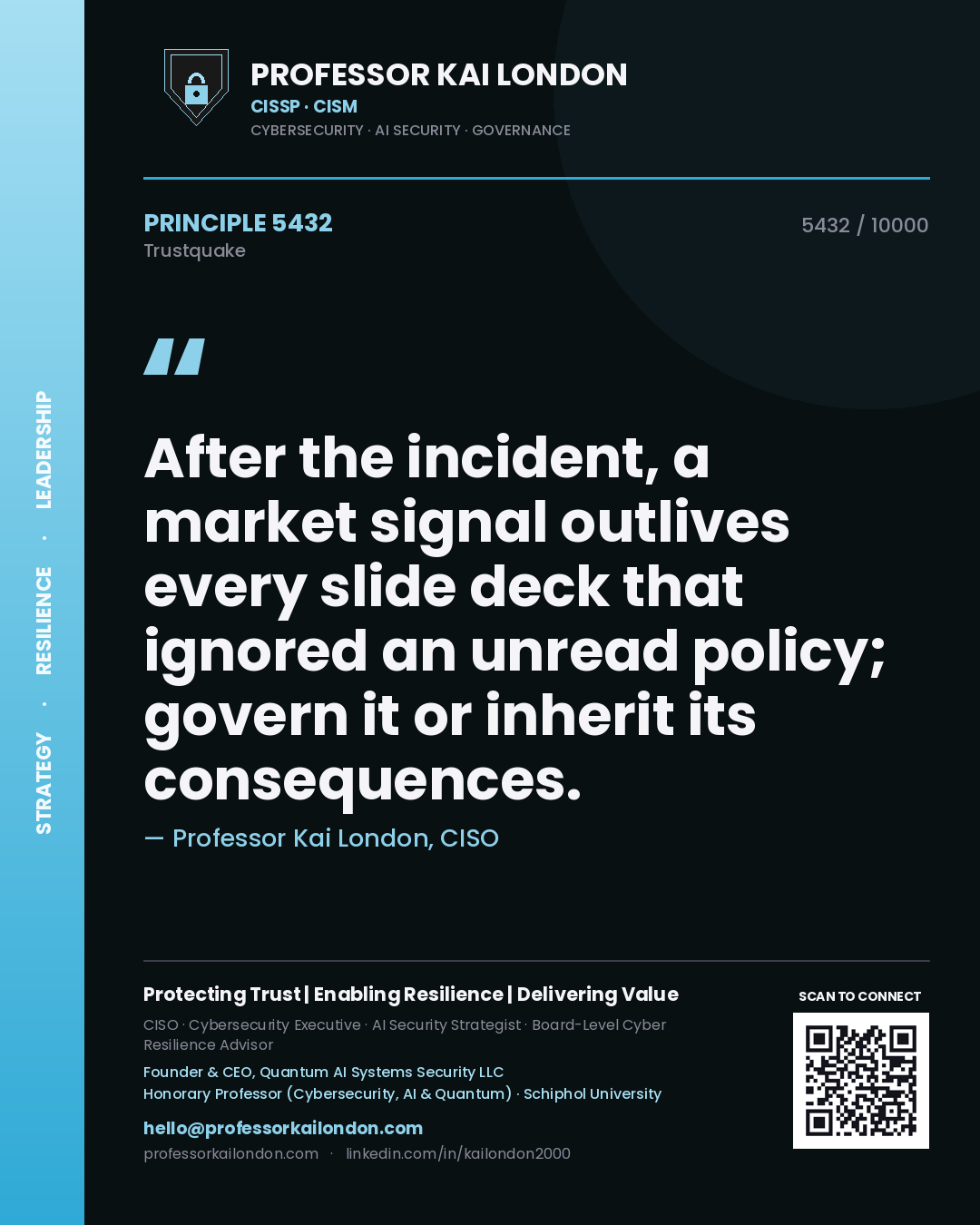 Quote card by Professor Kai London reading 'After the incident, a market signal outlives every slide deck that ignored an unread policy; govern it or inherit its consequences.'. From the book Trustquake.