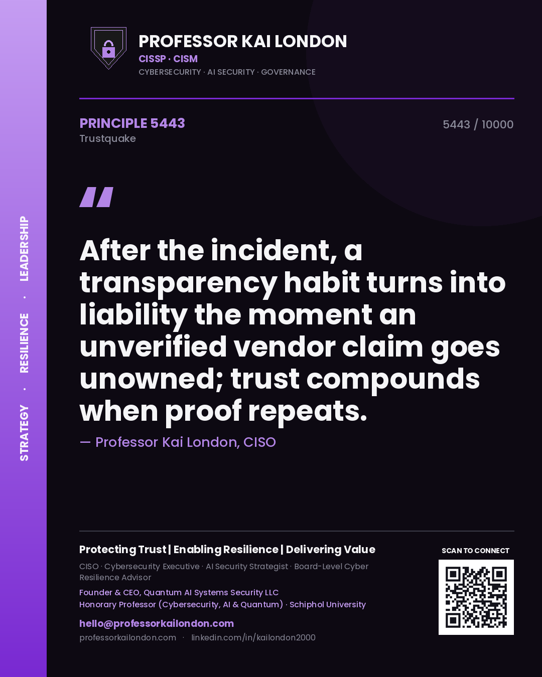 Quote card by Professor Kai London reading 'After the incident, a transparency habit turns into liability the moment an unverified vendor claim goes unowned; trust compounds when proof repeats.'. From the book Trustquake.