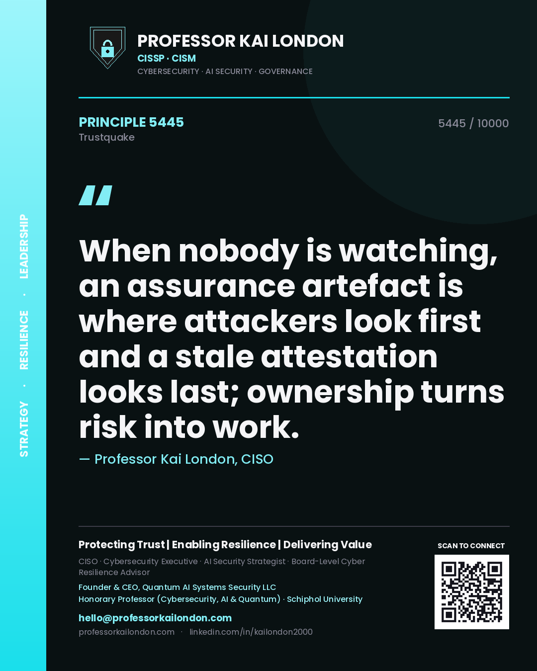 Quote card by Professor Kai London reading 'When nobody is watching, an assurance artefact is where attackers look first and a stale attestation looks last; ownership turns risk into work.'. From the book Trustquake.