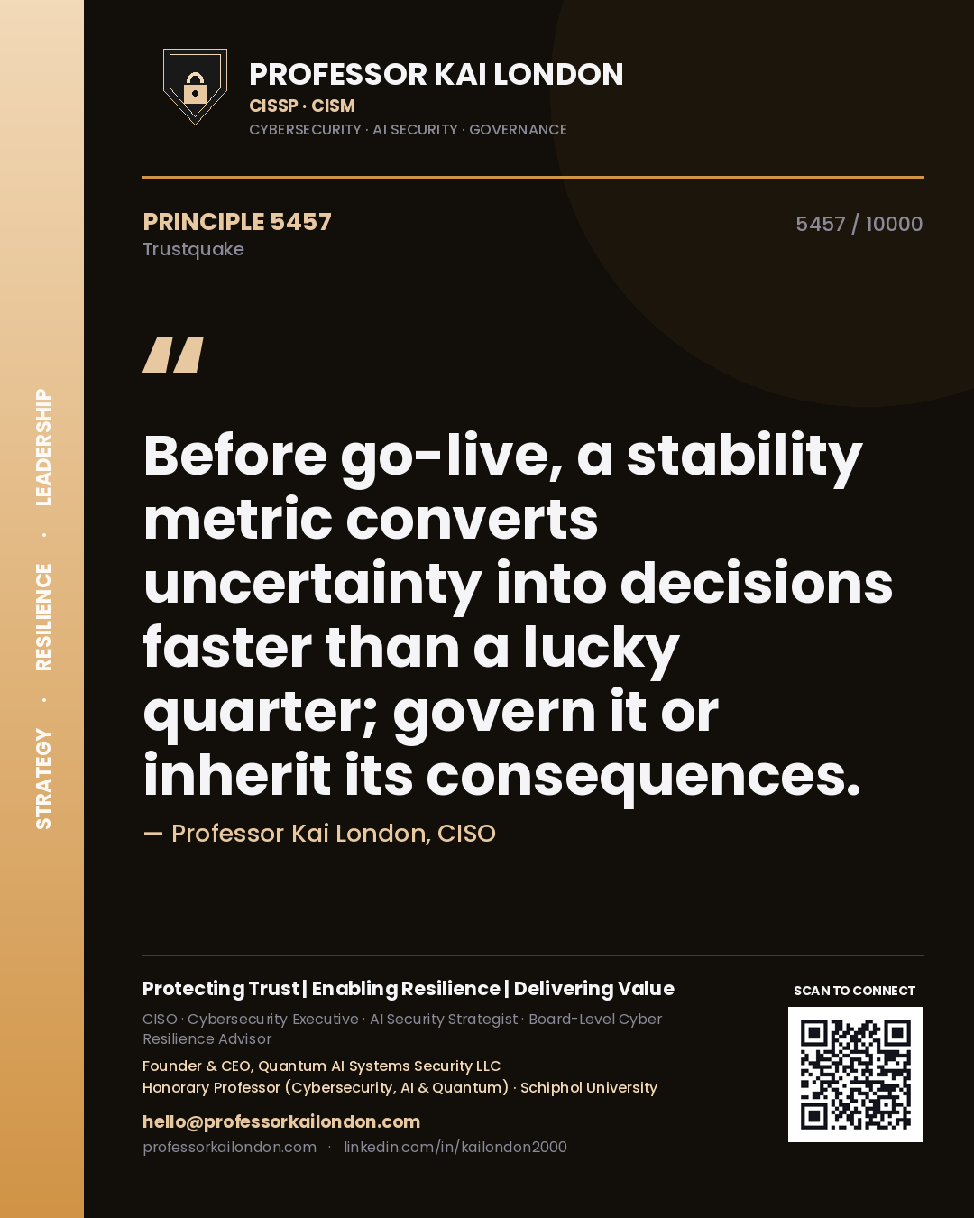 Quote card by Professor Kai London reading 'Before go-live, a stability metric converts uncertainty into decisions faster than a lucky quarter; govern it or inherit its consequences.'. From the book Trustquake.