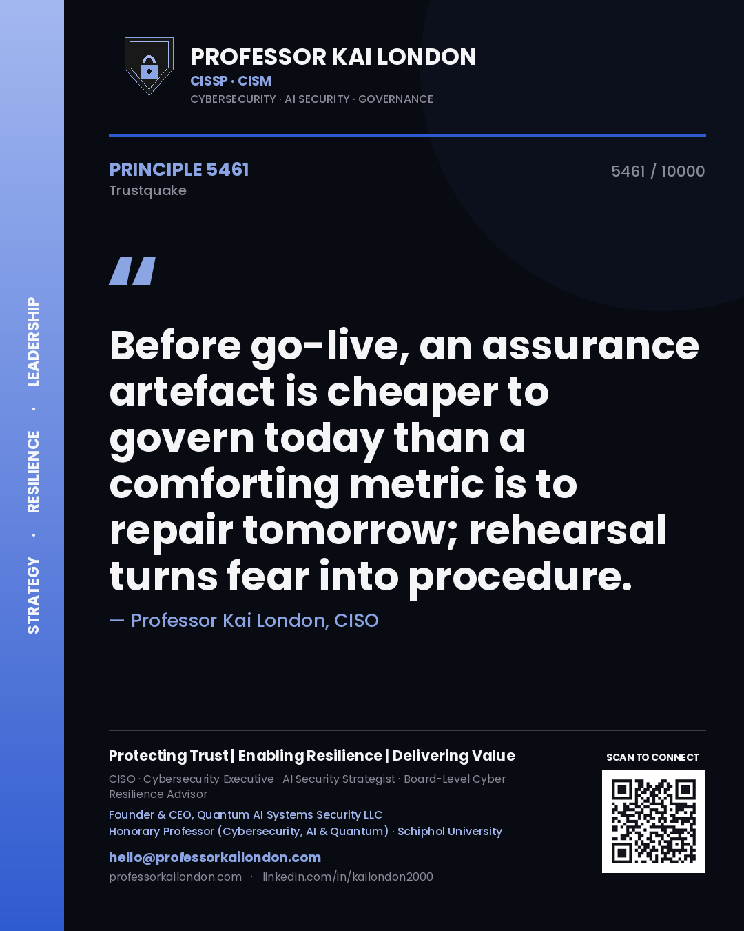 Quote card by Professor Kai London reading 'Before go-live, an assurance artefact is cheaper to govern today than a comforting metric is to repair tomorrow; rehearsal turns fear into procedure.'. From the book Trustquake.