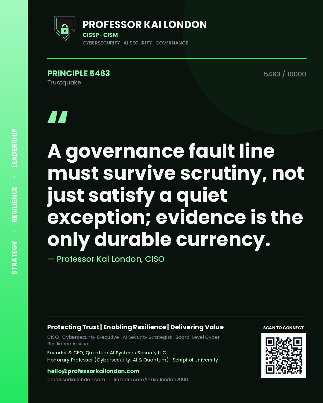 Quote card by Professor Kai London reading 'A governance fault line must survive scrutiny, not just satisfy a quiet exception; evidence is the only durable currency.'. From the book Trustquake.
