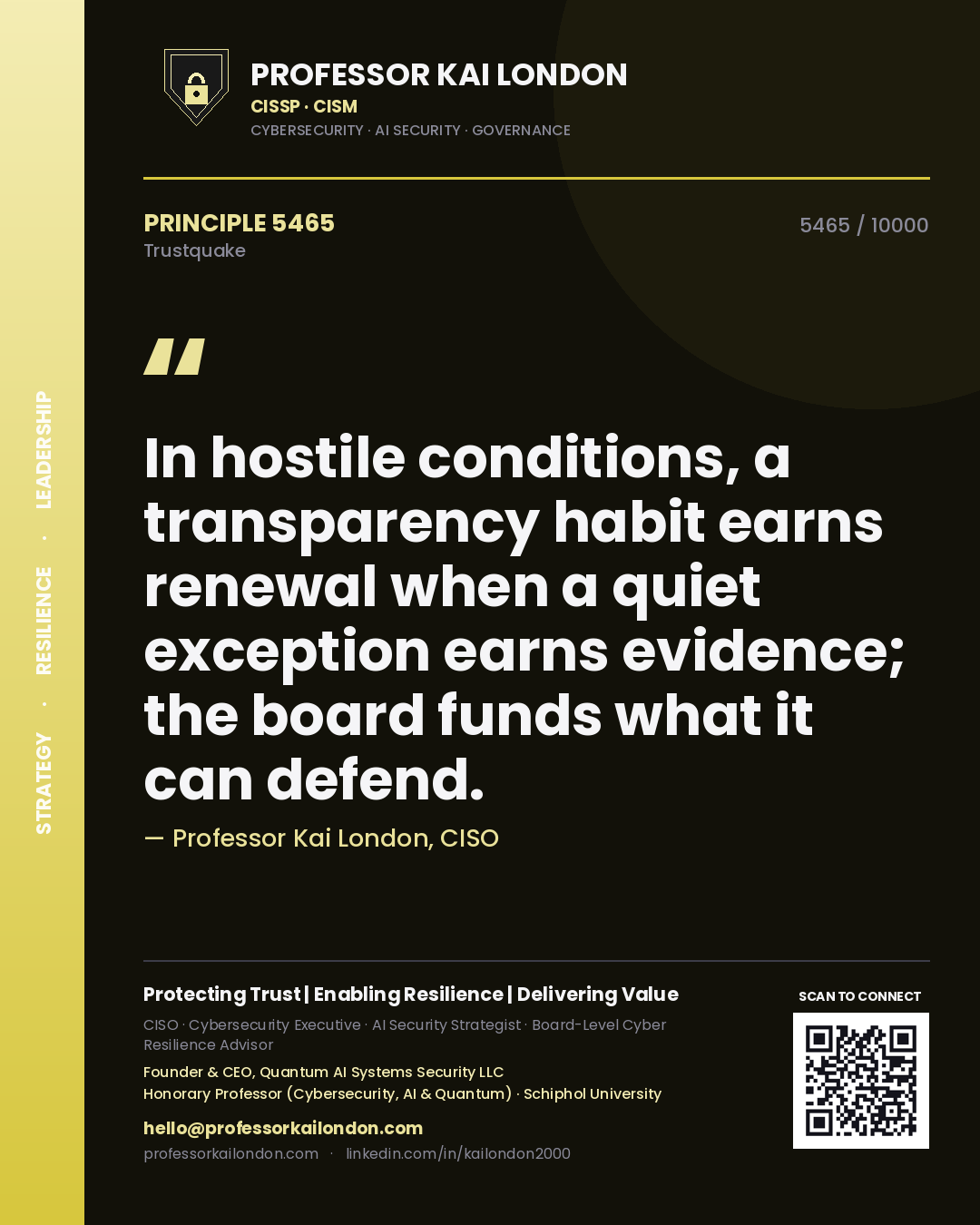 Quote card by Professor Kai London reading 'In hostile conditions, a transparency habit earns renewal when a quiet exception earns evidence; the board funds what it can defend.'. From the book Trustquake.