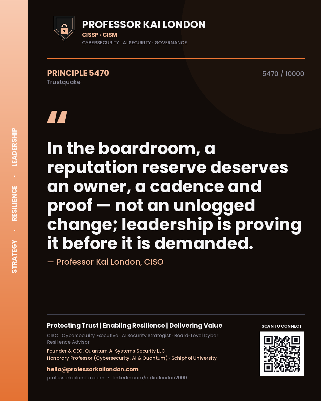 Quote card by Professor Kai London reading 'In the boardroom, a reputation reserve deserves an owner, a cadence and proof — not an unlogged change; leadership is proving it before it is demanded.'. From the book Trustquake.