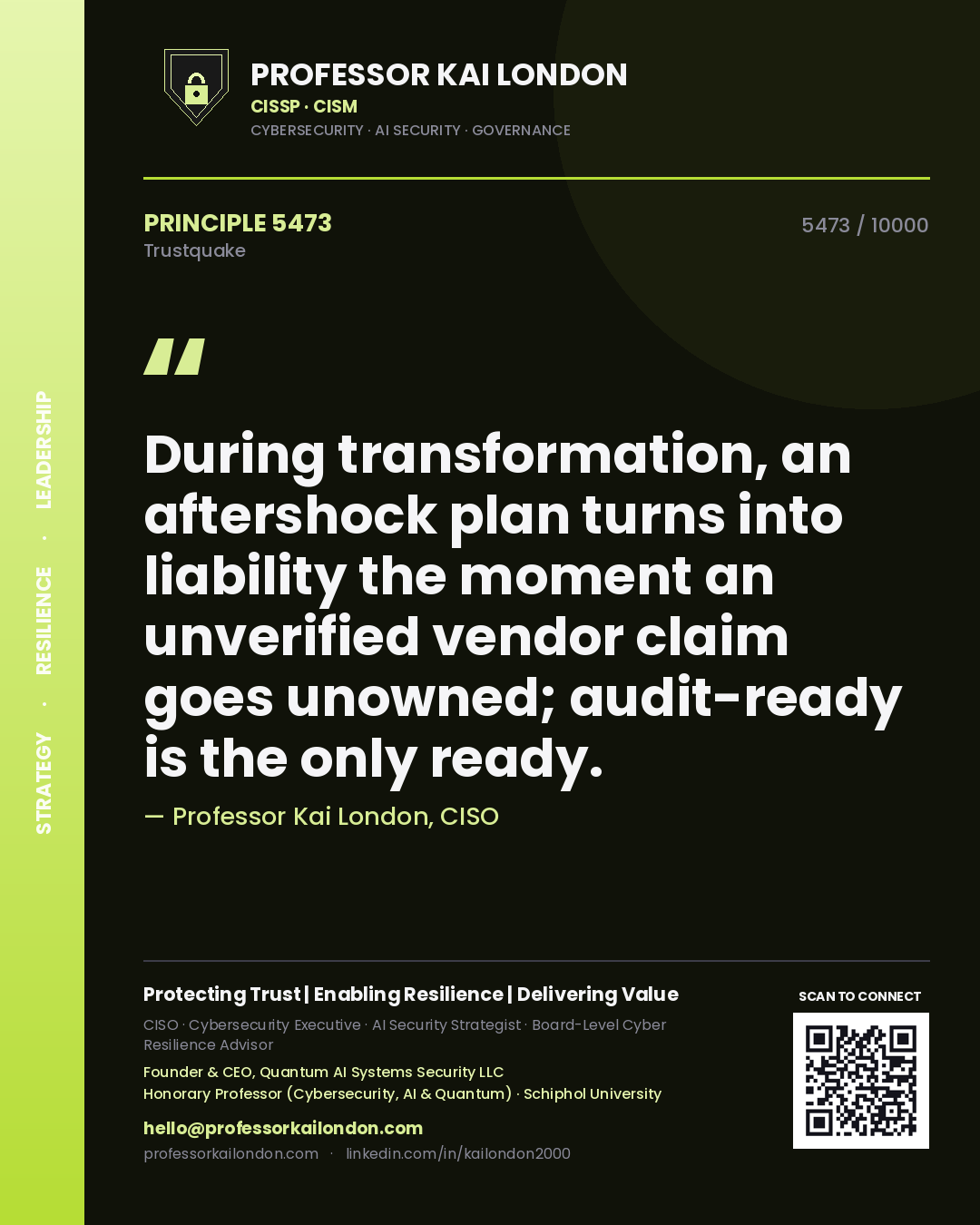 Quote card by Professor Kai London reading 'During transformation, an aftershock plan turns into liability the moment an unverified vendor claim goes unowned; audit-ready is the only ready.'. From the book Trustquake.