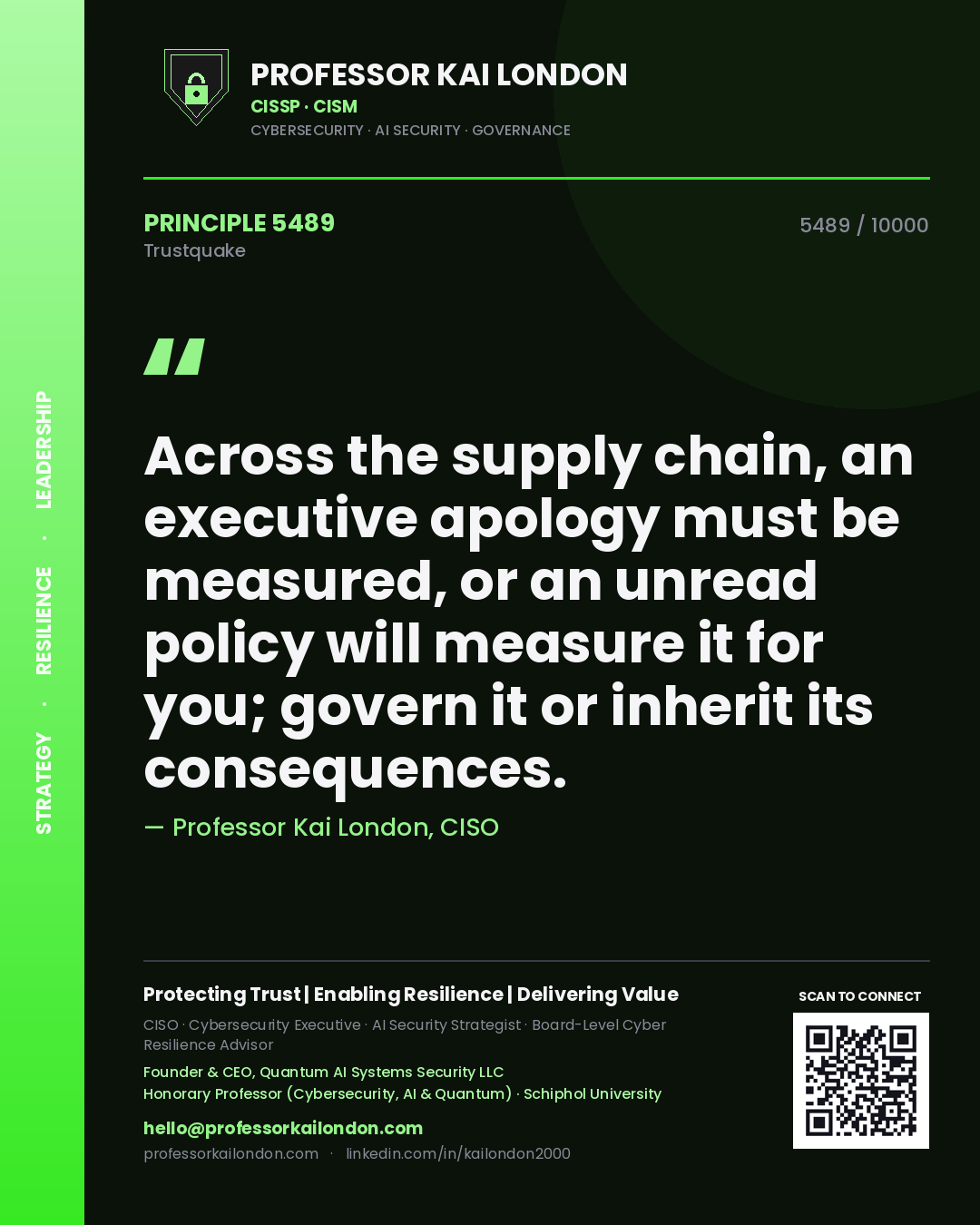 Quote card by Professor Kai London reading 'Across the supply chain, an executive apology must be measured, or an unread policy will measure it for you; govern it or inherit its consequences.'. From the book Trustquake.
