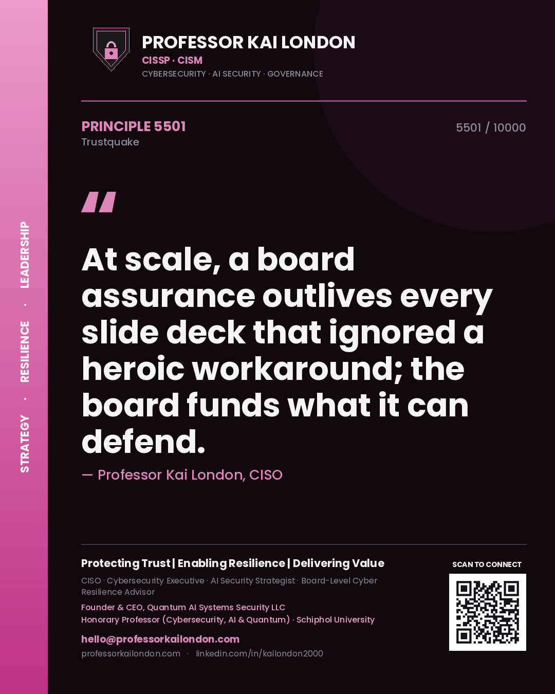 Quote card by Professor Kai London reading 'At scale, a board assurance outlives every slide deck that ignored a heroic workaround; the board funds what it can defend.'. From the book Trustquake.