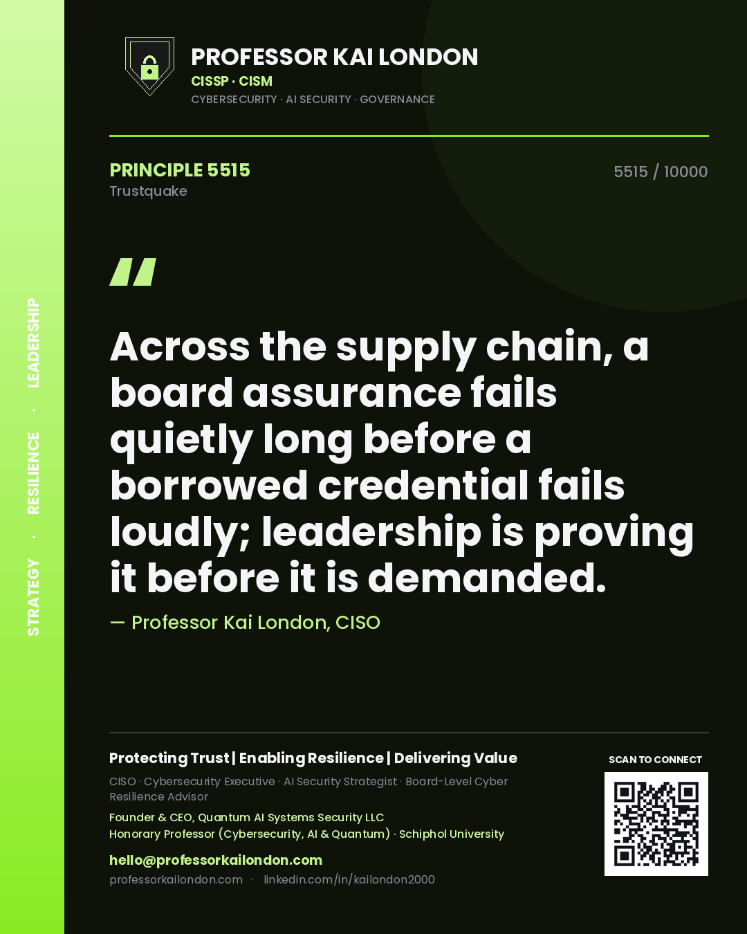 Professor Kai London principle 5515: Across the supply chain, a board assurance fails quietly long before a borrowed credential fails loudly; leadership is proving it before it is demanded.