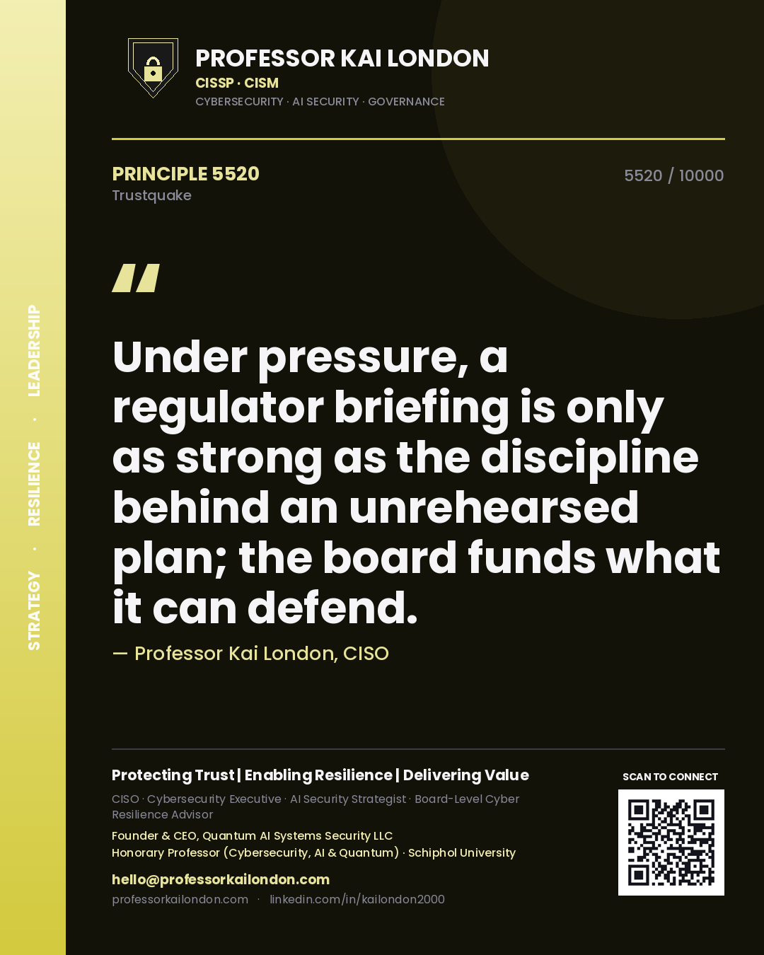 Professor Kai London principle 5520: Under pressure, a regulator briefing is only as strong as the discipline behind an unrehearsed plan; the board funds what it can defend.