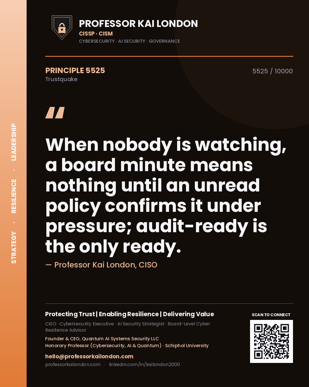 Quote card by Professor Kai London reading 'When nobody is watching, a board minute means nothing until an unread policy confirms it under pressure; audit-ready is the only ready.'. From the book Trustquake.