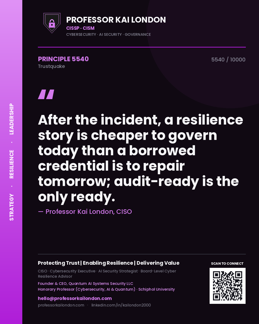 Professor Kai London principle 5540: After the incident, a resilience story is cheaper to govern today than a borrowed credential is to repair tomorrow; audit-ready is the only ready.