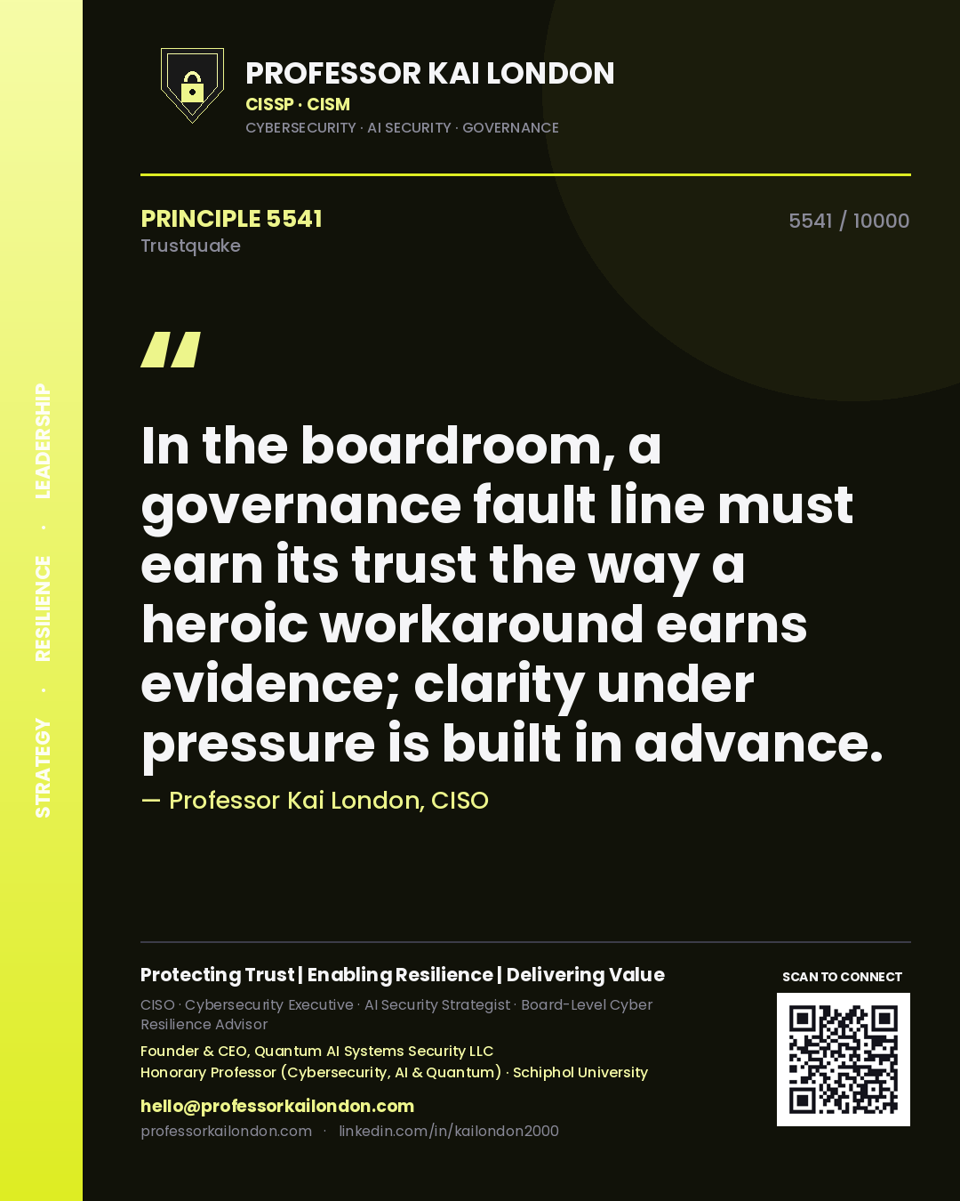 Professor Kai London principle 5541: In the boardroom, a governance fault line must earn its trust the way a heroic workaround earns evidence; clarity under pressure is built in advance.