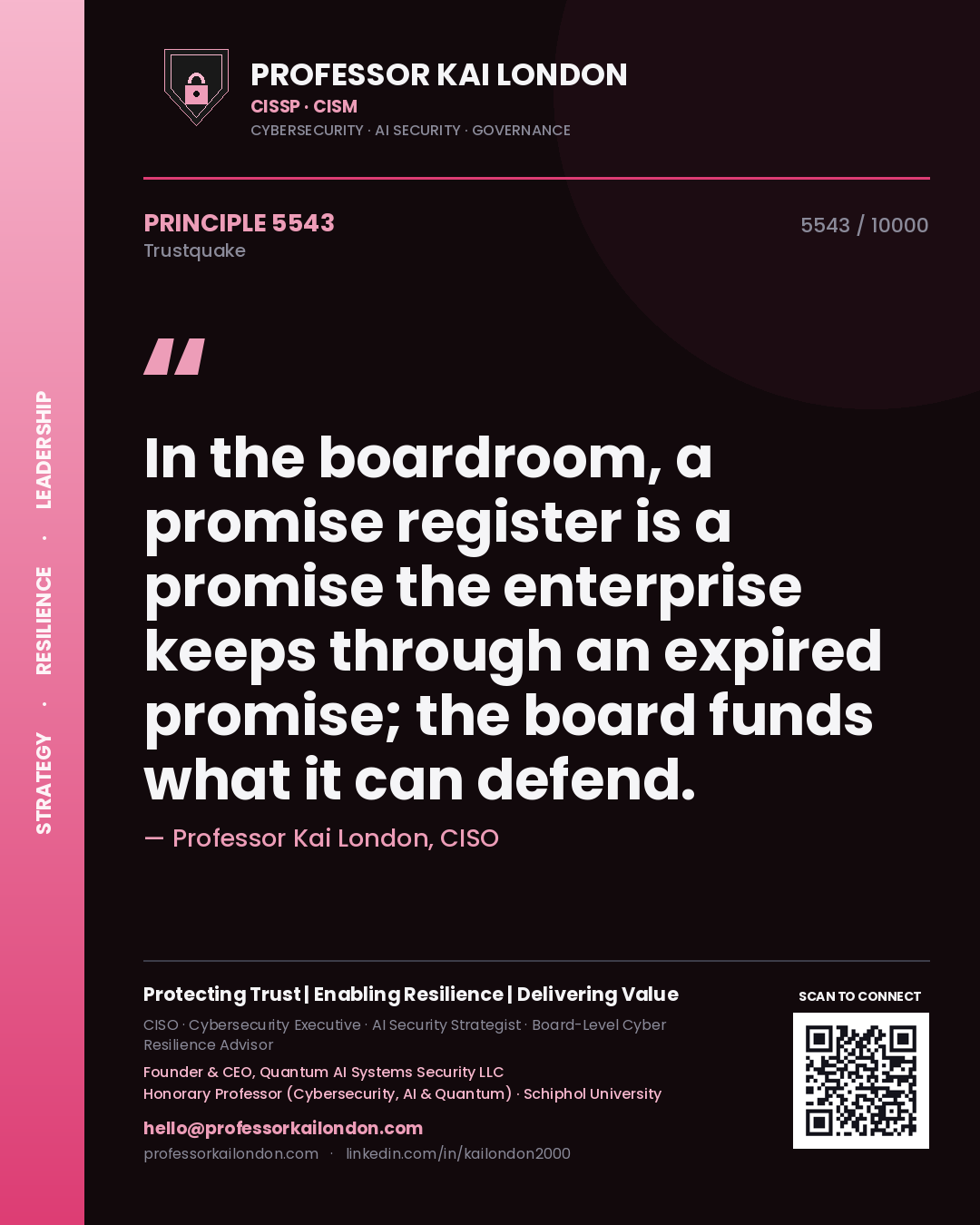Quote card by Professor Kai London reading 'In the boardroom, a promise register is a promise the enterprise keeps through an expired promise; the board funds what it can defend.'. From the book Trustquake.