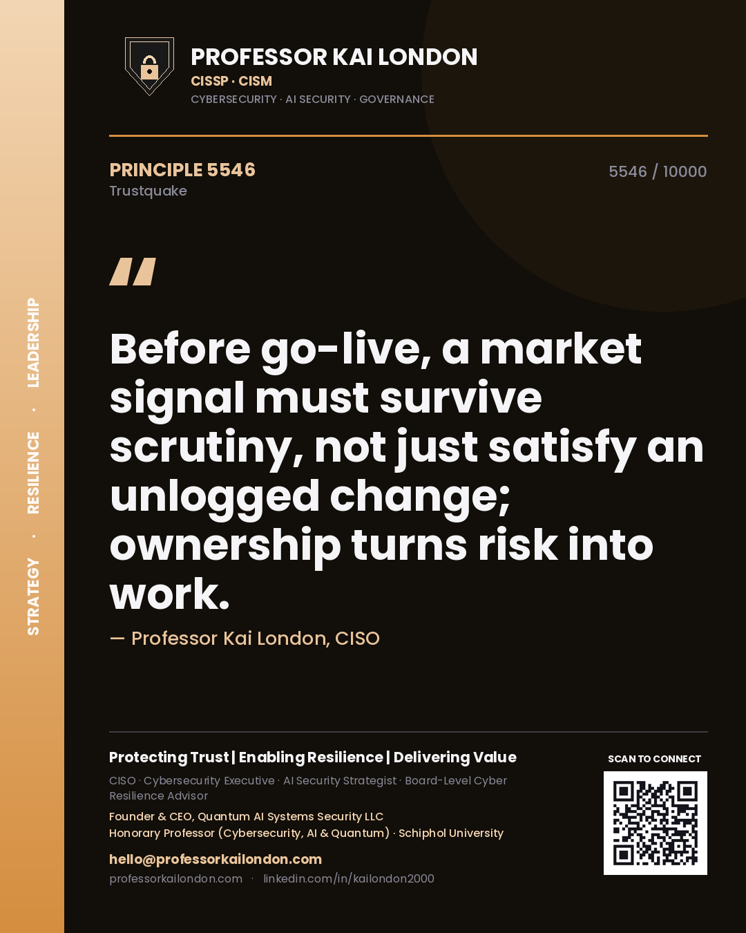 Quote card by Professor Kai London reading 'Before go-live, a market signal must survive scrutiny, not just satisfy an unlogged change; ownership turns risk into work.'. From the book Trustquake.