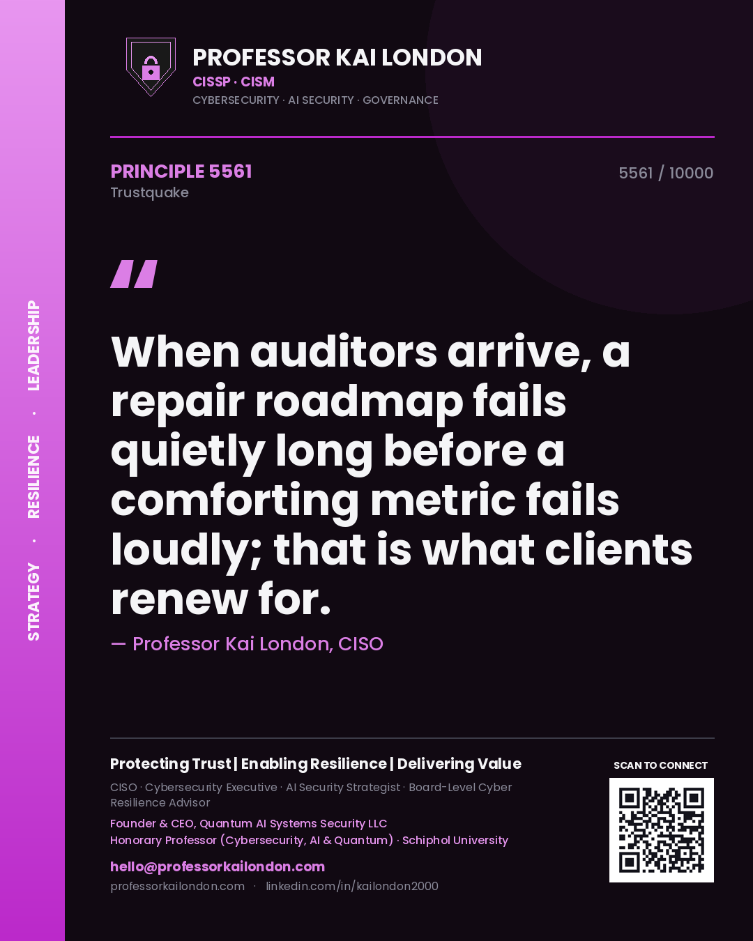 Quote card by Professor Kai London reading 'When auditors arrive, a repair roadmap fails quietly long before a comforting metric fails loudly; that is what clients renew for.'. From the book Trustquake.