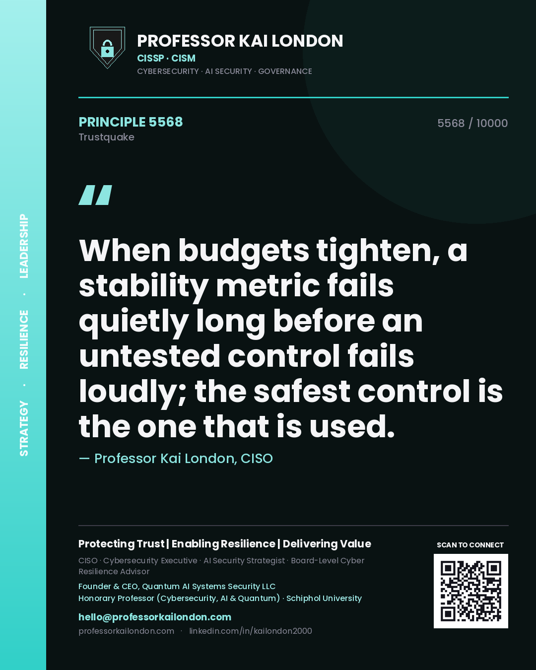 Quote card by Professor Kai London reading 'When budgets tighten, a stability metric fails quietly long before an untested control fails loudly; the safest control is the one that is used.'. From the book Trustquake.