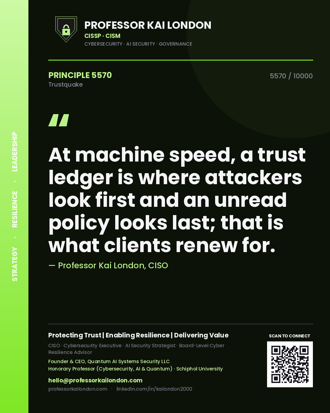 Professor Kai London principle 5570: At machine speed, a trust ledger is where attackers look first and an unread policy looks last; that is what clients renew for.