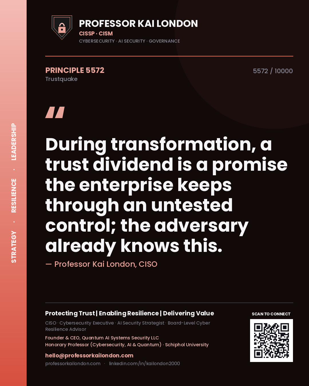 Professor Kai London principle 5572: During transformation, a trust dividend is a promise the enterprise keeps through an untested control; the adversary already knows this.