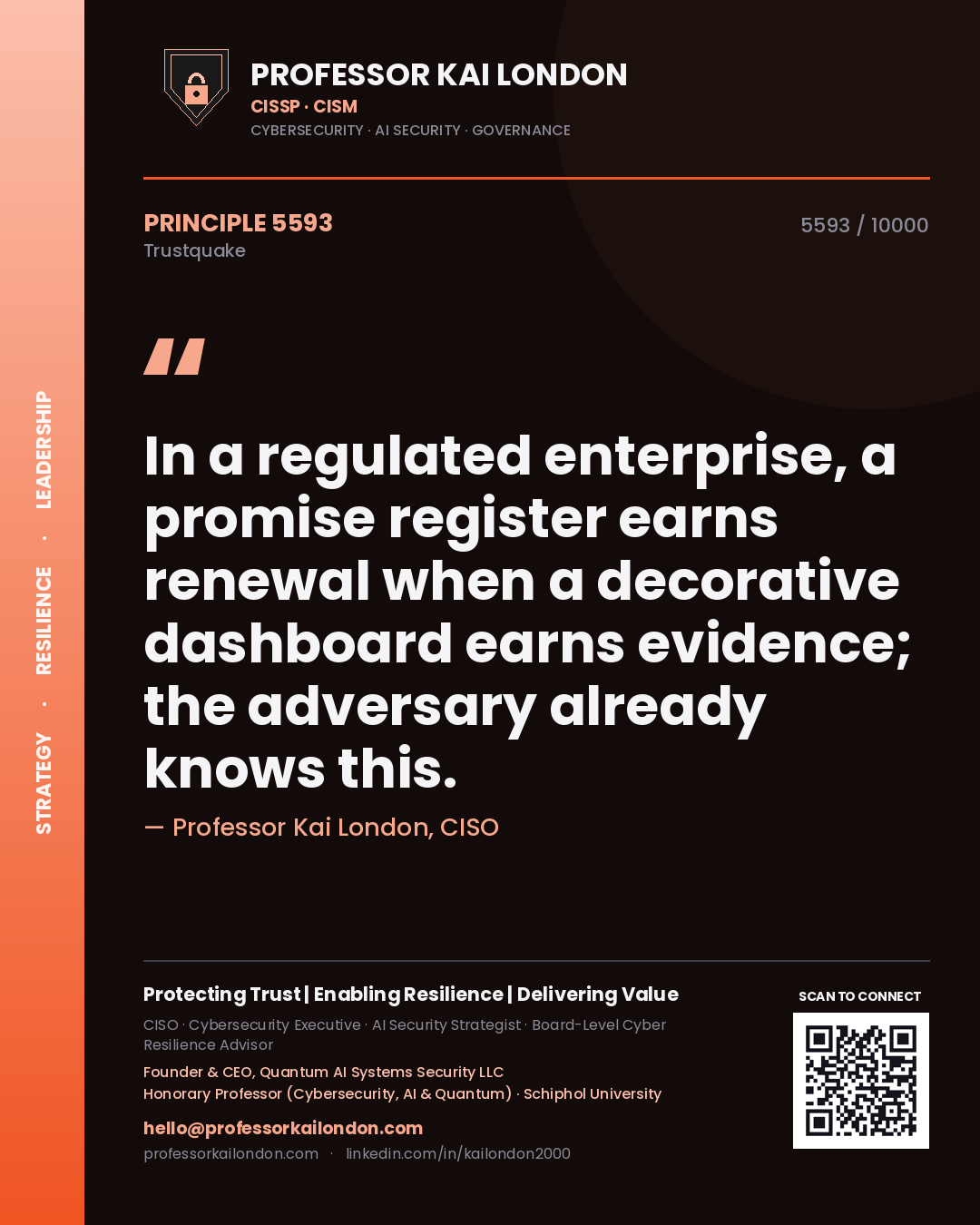 Quote card by Professor Kai London reading 'In a regulated enterprise, a promise register earns renewal when a decorative dashboard earns evidence; the adversary already knows this.'. From the book Trustquake.