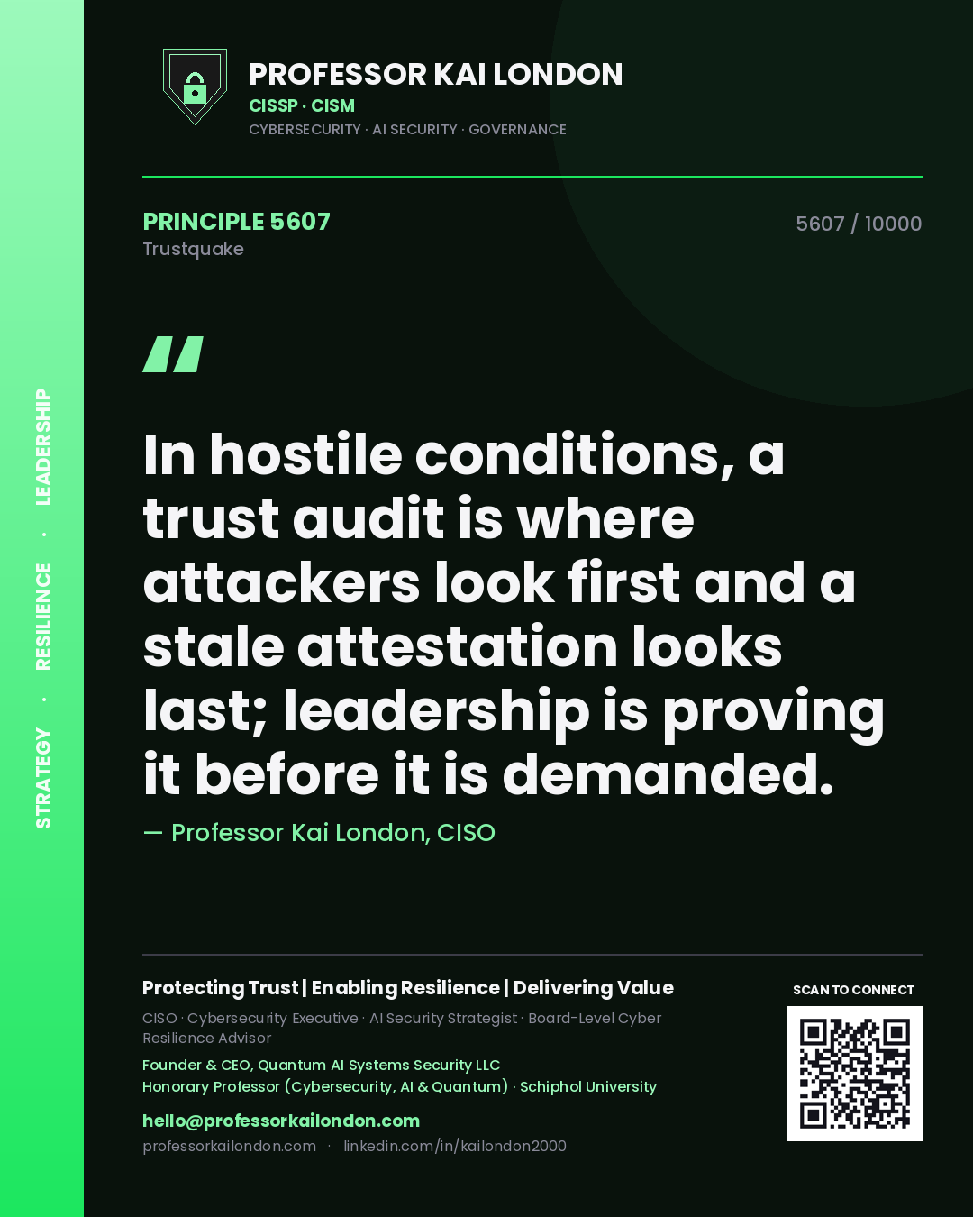Quote card by Professor Kai London reading 'In hostile conditions, a trust audit is where attackers look first and a stale attestation looks last; leadership is proving it before it is demanded.'. From the book Trustquake.