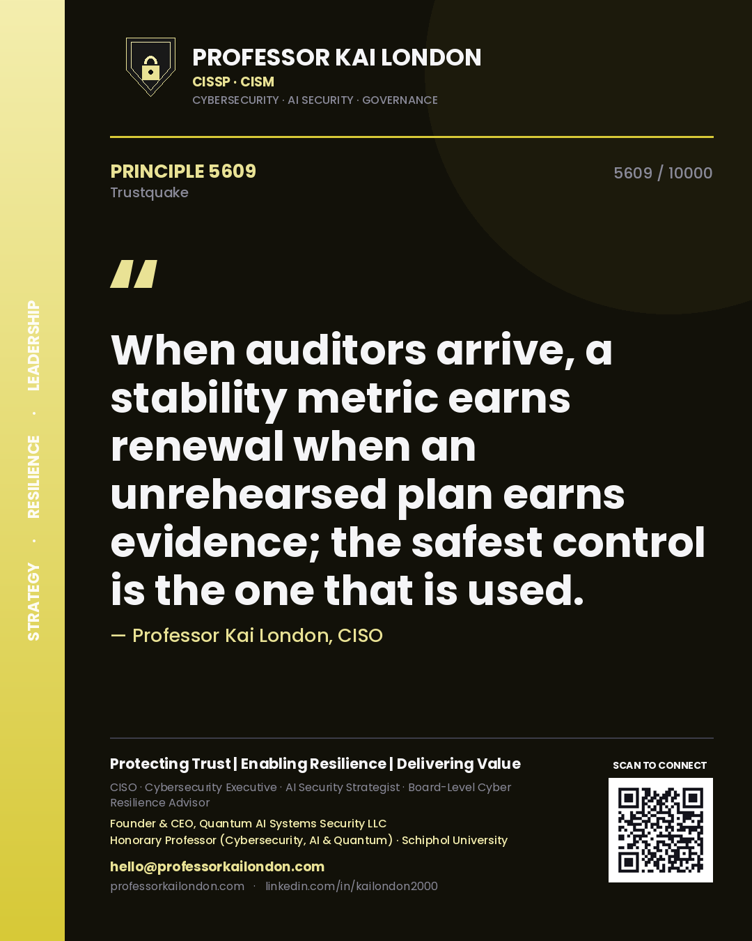 Quote card by Professor Kai London reading 'When auditors arrive, a stability metric earns renewal when an unrehearsed plan earns evidence; the safest control is the one that is used.'. From the book Trustquake.