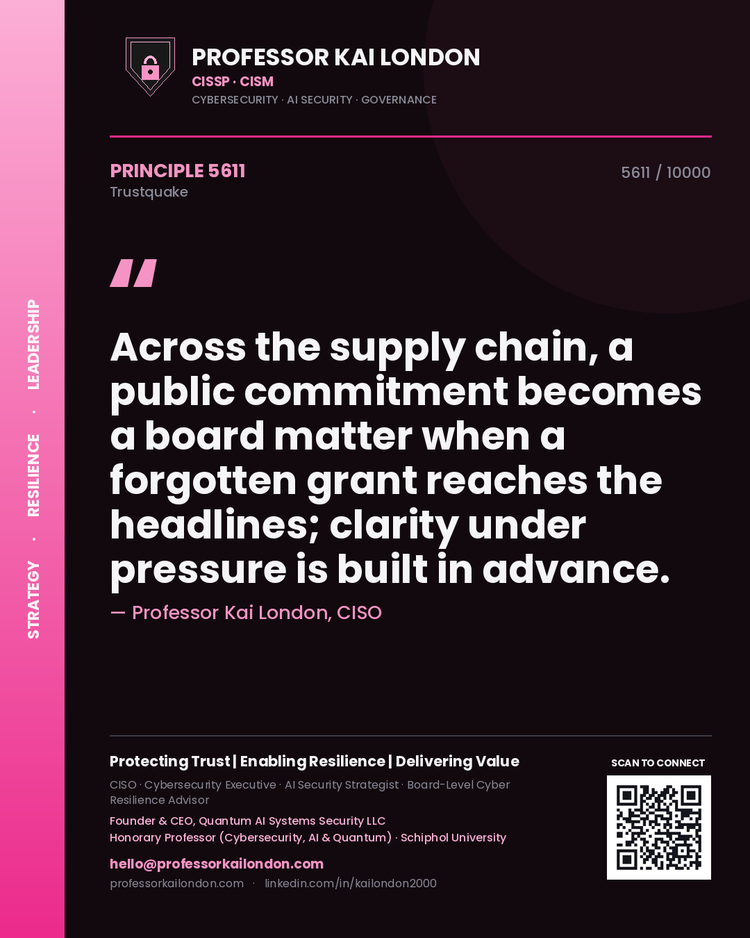 Quote card by Professor Kai London reading 'Across the supply chain, a public commitment becomes a board matter when a forgotten grant reaches the headlines; clarity under pressure is built in advance.'. From the book Trustquake.