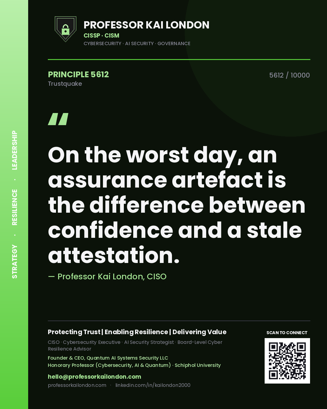 Quote card by Professor Kai London reading 'On the worst day, an assurance artefact is the difference between confidence and a stale attestation.'. From the book Trustquake.
