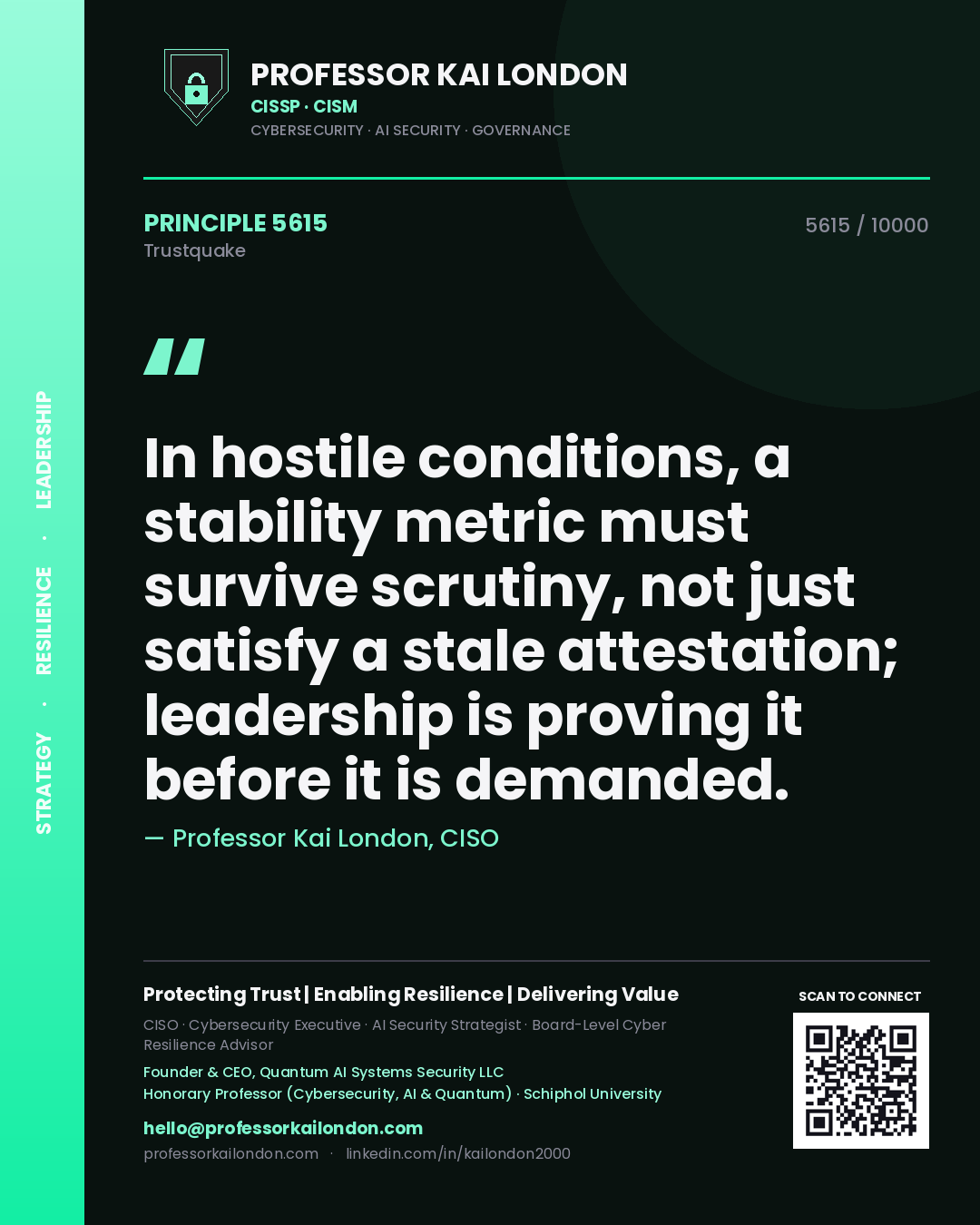 Quote card by Professor Kai London reading 'In hostile conditions, a stability metric must survive scrutiny, not just satisfy a stale attestation; leadership is proving it before it is demanded.'. From the book Trustquake.